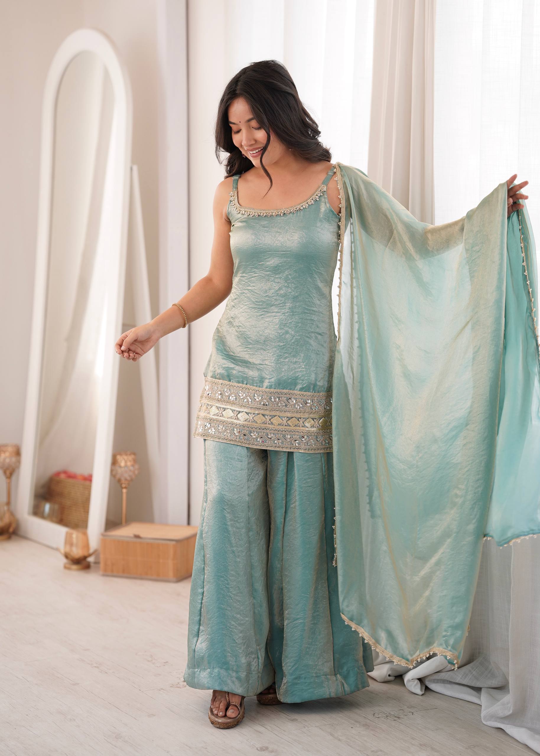 Women's Doremon Crush Embroidered Palazzo Suit Set with Mirror Work Dupatta