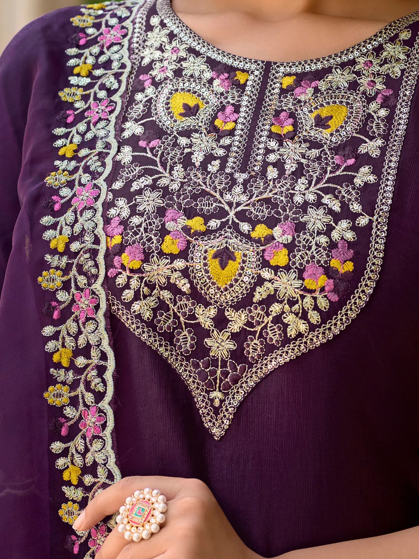 Women's Purple Embroidered Tesla Kurta Pant Dupatta Set