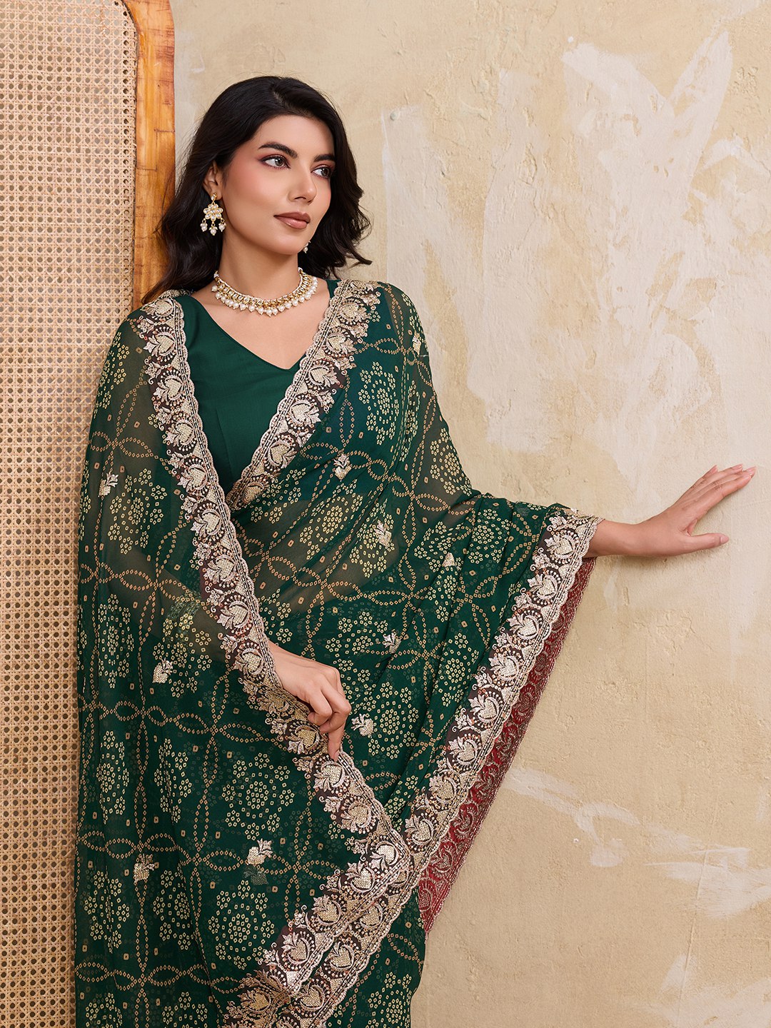Women's Georgette Bandhej Print Saree with Cutwork Border and Blouse