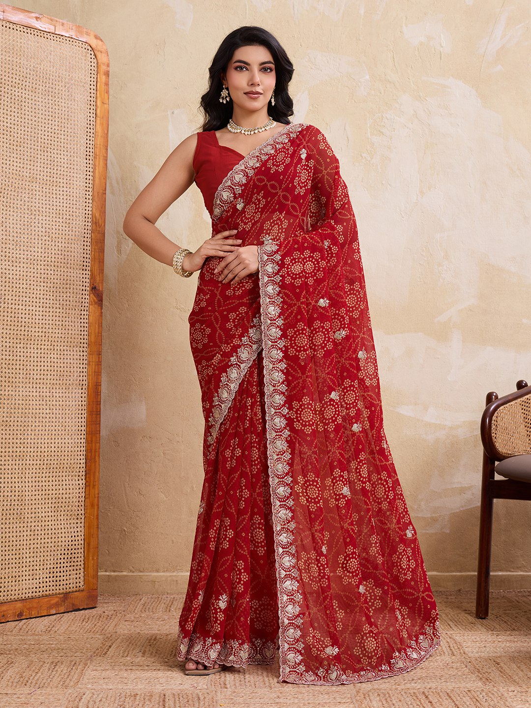 Women's Bandhej Print Georgette Saree with Mono Banglory Silk Blouse