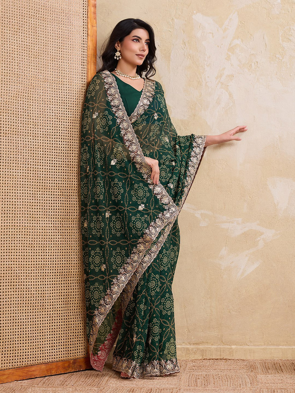 Women's Georgette Bandhej Print Saree with Cutwork Border and Blouse