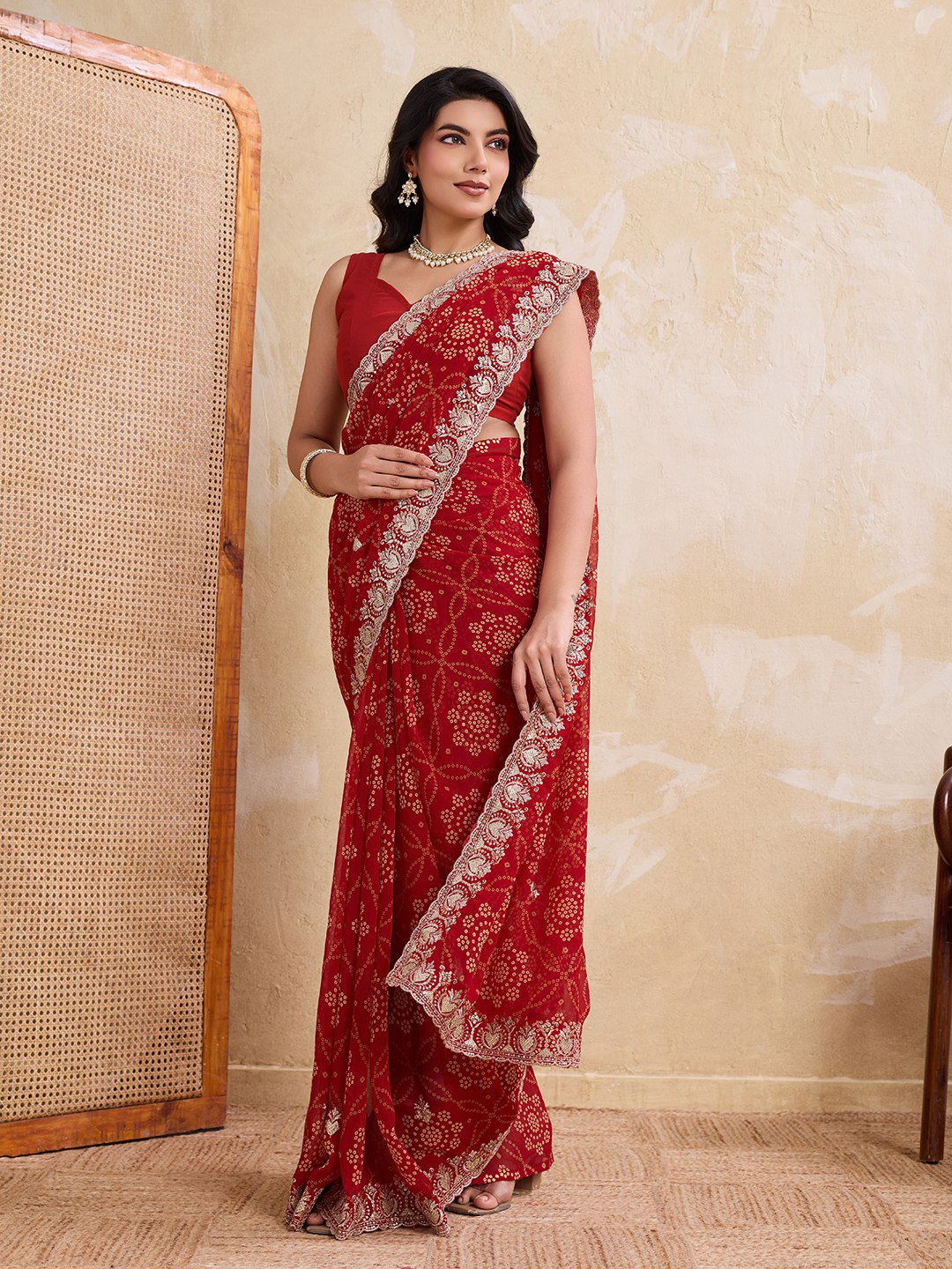 Women's Bandhej Print Georgette Saree with Mono Banglory Silk Blouse