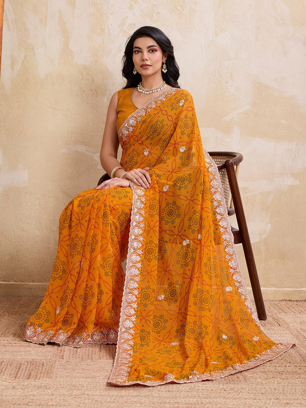 Women's Bandhej Print Georgette Saree with Cutwork Lace Border