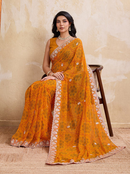 Women's Bandhej Print Georgette Saree with Cutwork Lace Border