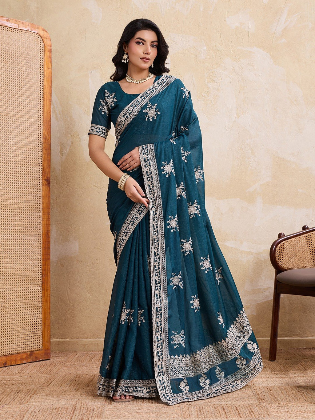 Women's Soft Star Georgette Embroidered Saree with Unstitched Blouse