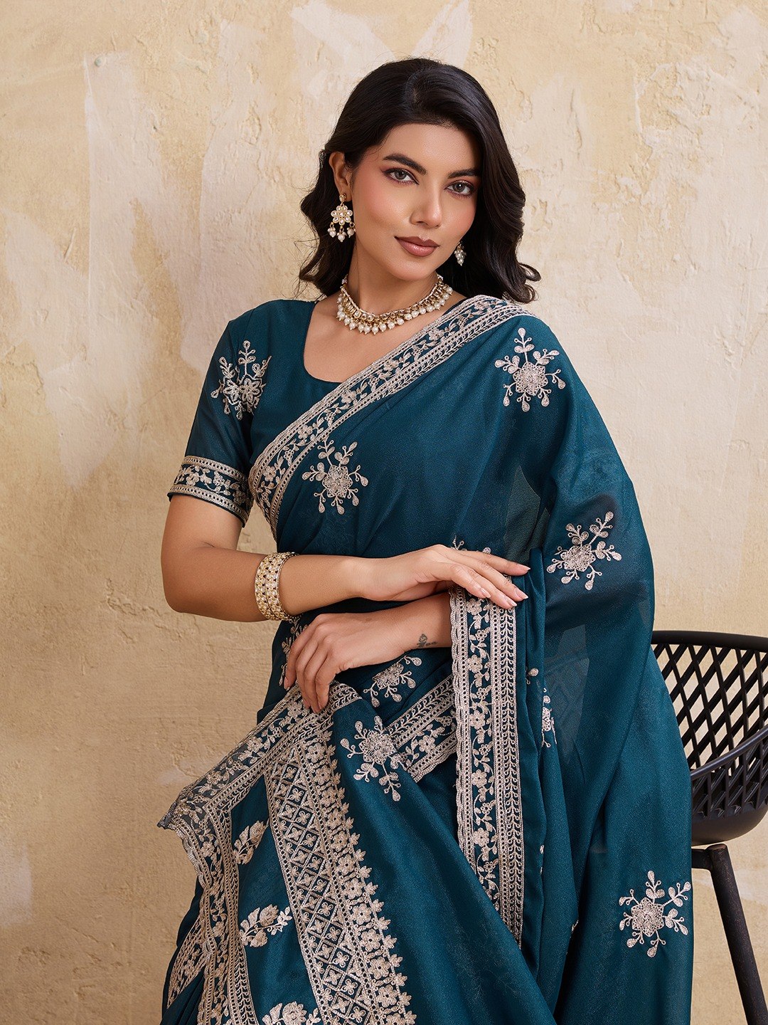 Women's Soft Star Georgette Embroidered Saree with Unstitched Blouse