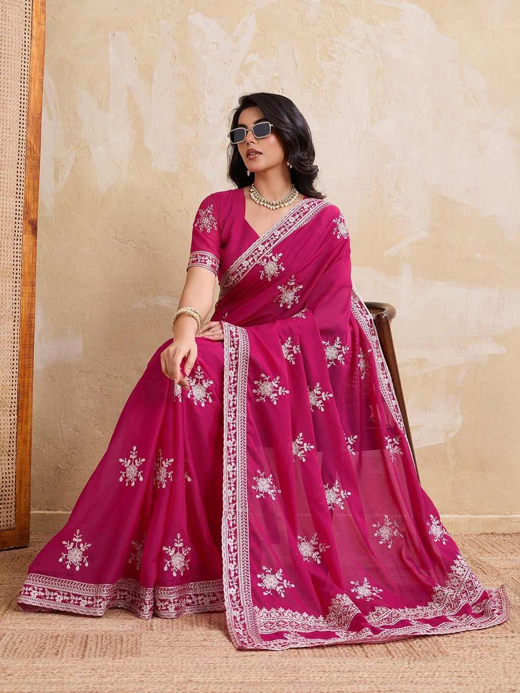 Women's Soft Star Georgette Party Wear Saree with Embroidered Blouse