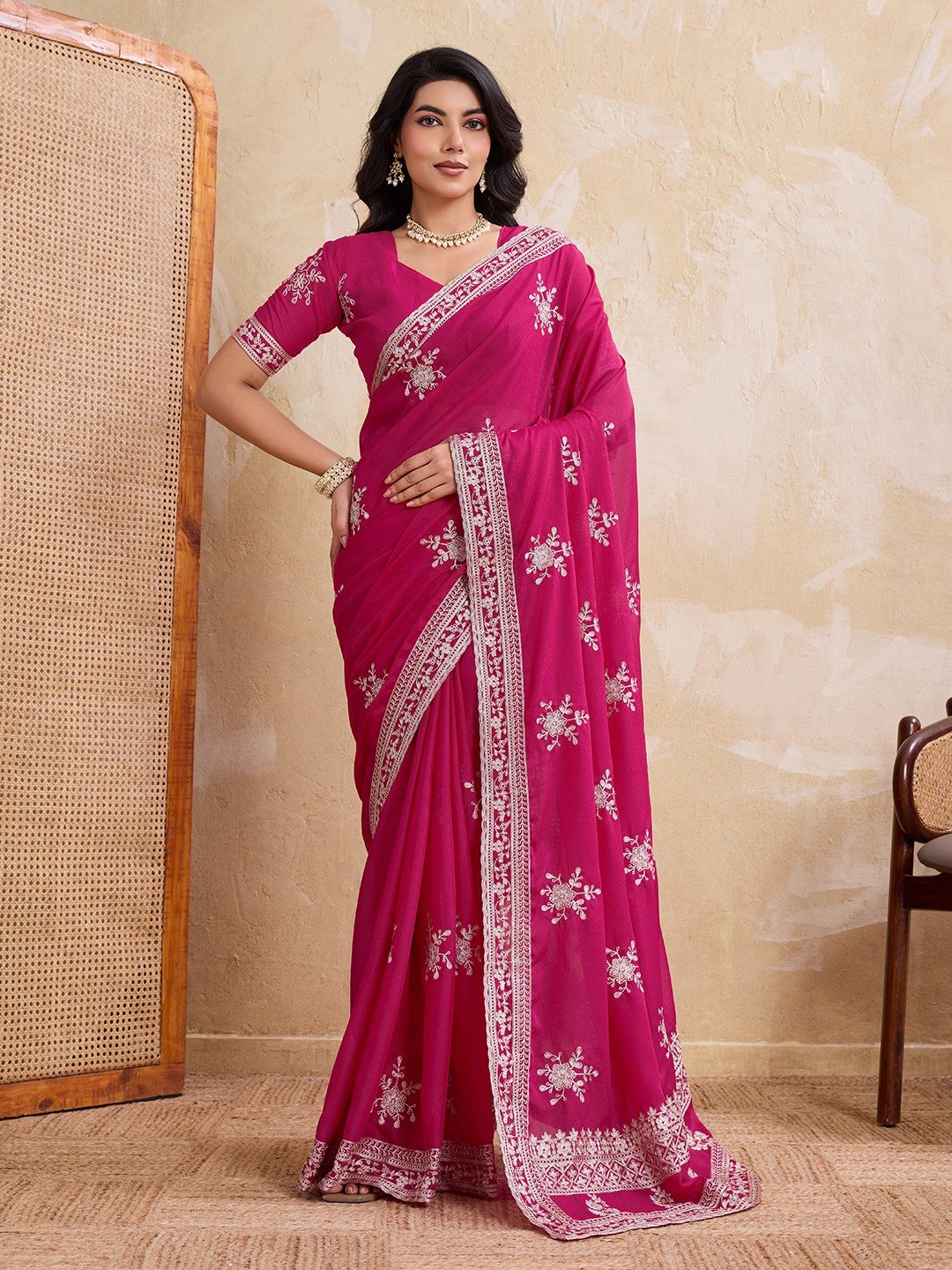 Women's Soft Star Georgette Party Wear Saree with Embroidered Blouse