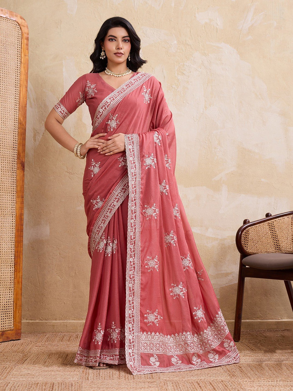 Women's Soft Star Georgette Embroidered Party Wear Saree with Blouse