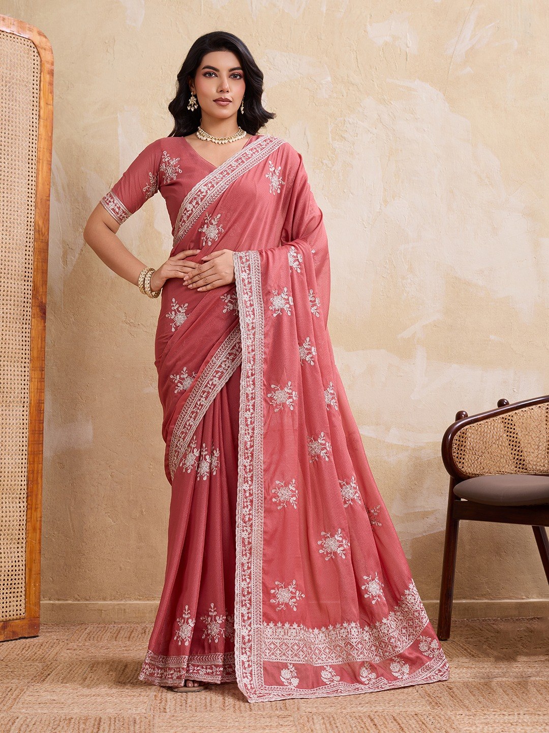 Women's Soft Star Georgette Embroidered Party Wear Saree with Blouse