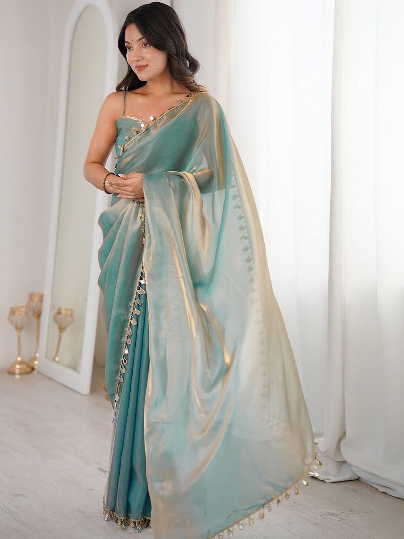 Firozi Designer Fandy Party Wear Saree with Unstitched Matching Blouse