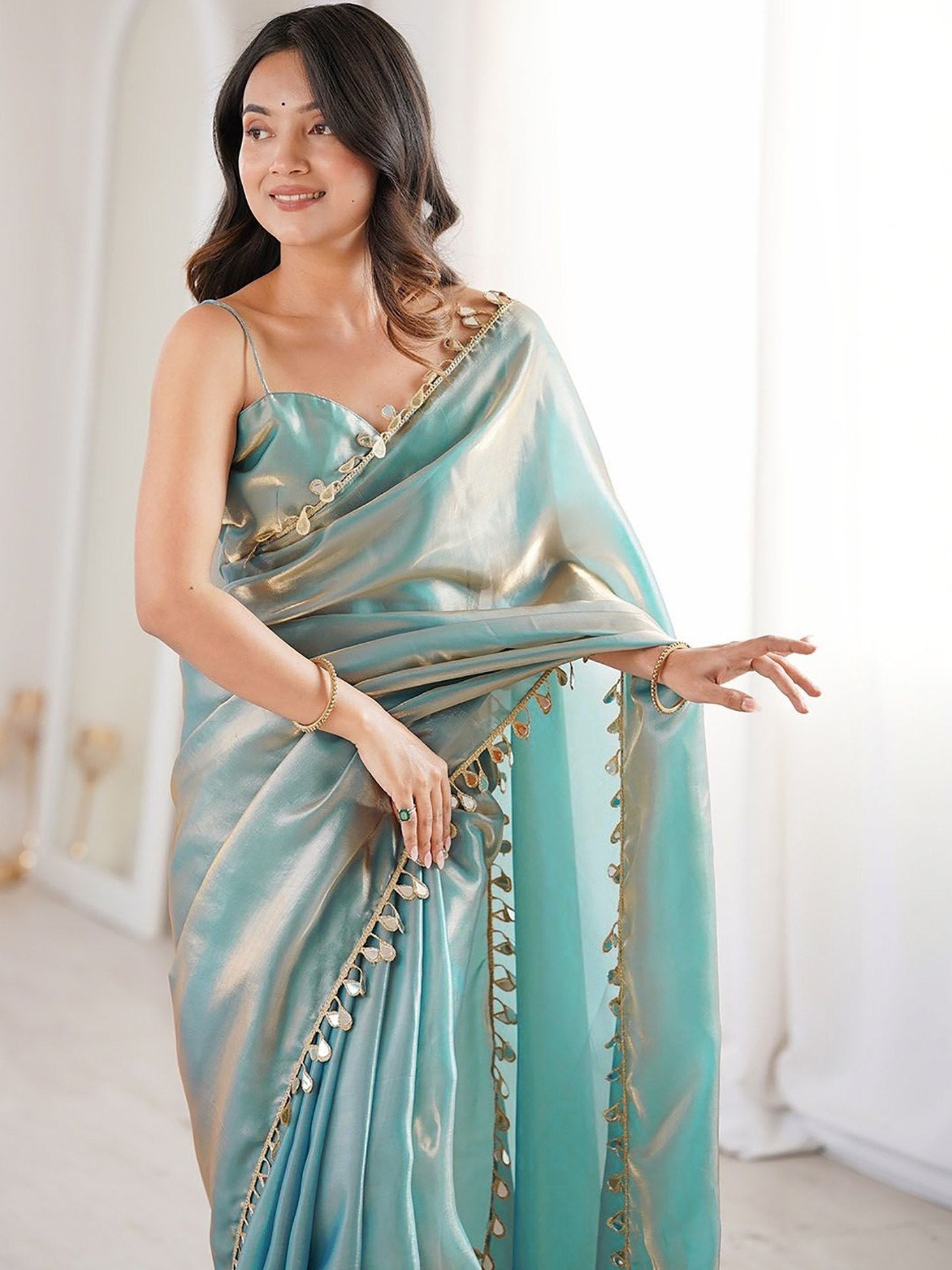 Firozi Designer Fandy Party Wear Saree with Unstitched Matching Blouse