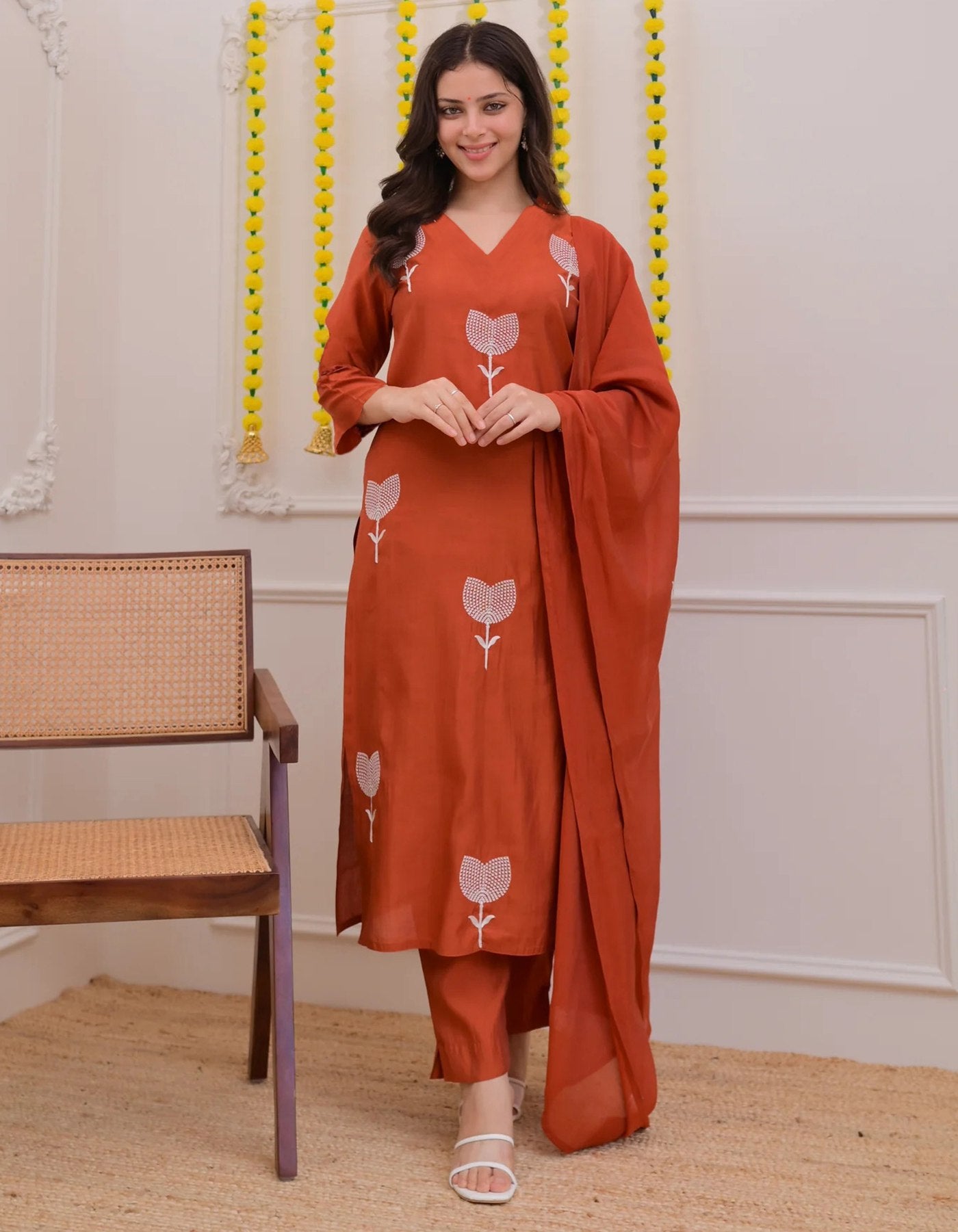 Orange Embroidered Tesla Kurta Pant Set with Chanderi Dupatta for Women