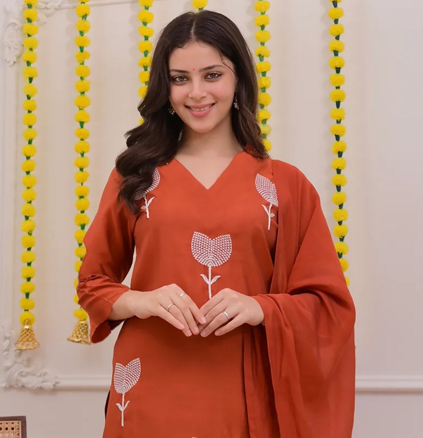 Orange Embroidered Tesla Kurta Pant Set with Chanderi Dupatta for Women