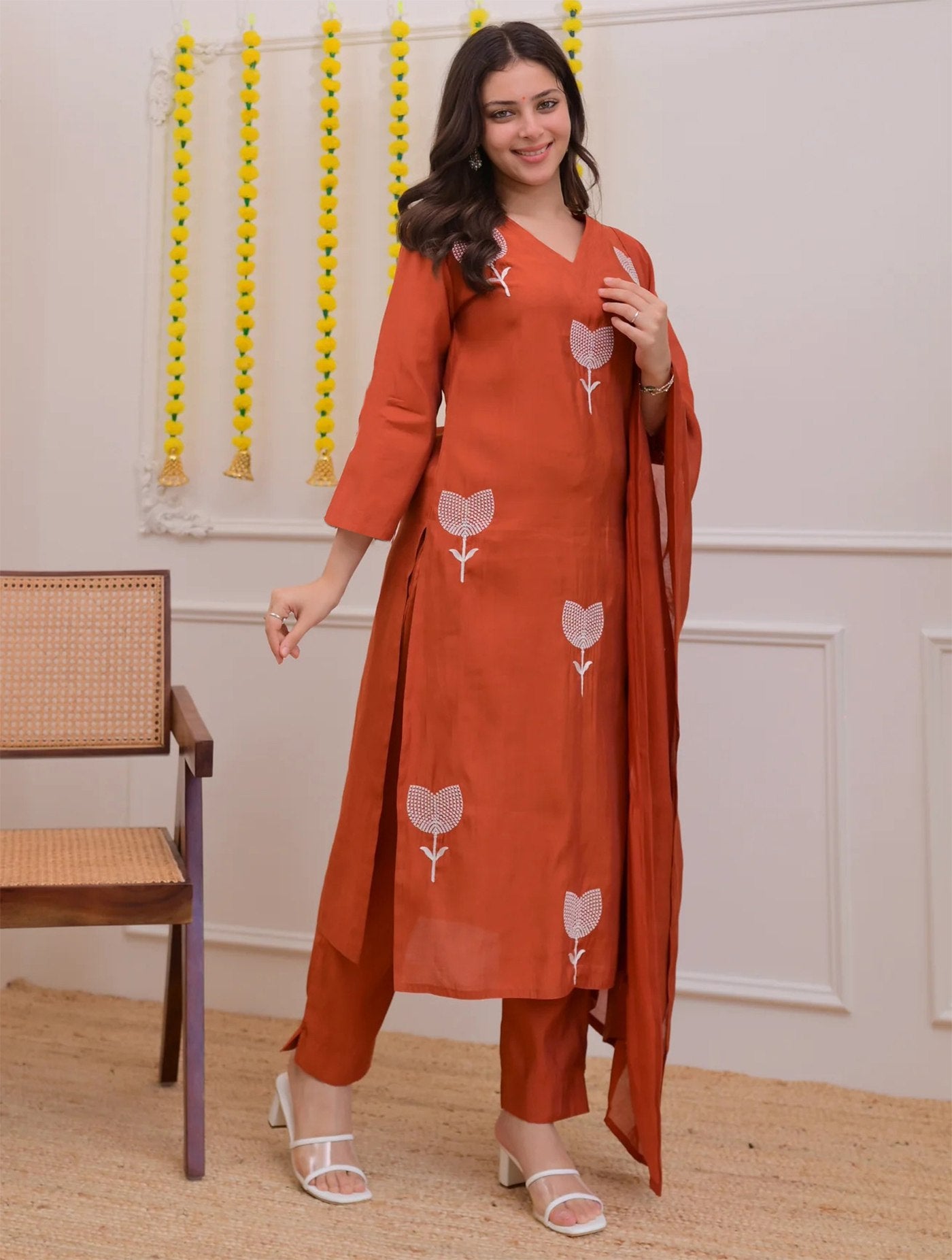 Orange Embroidered Tesla Kurta Pant Set with Chanderi Dupatta for Women