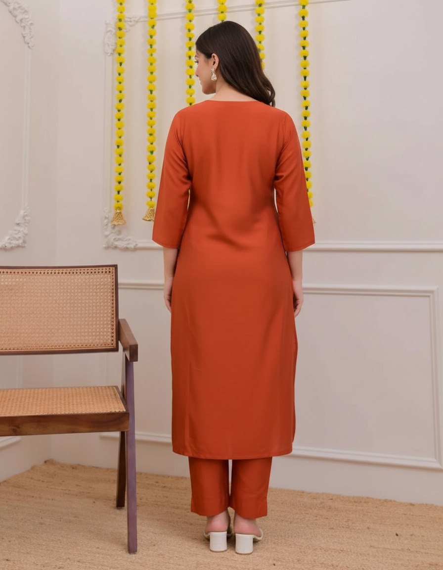 Orange Embroidered Tesla Kurta Pant Set with Chanderi Dupatta for Women