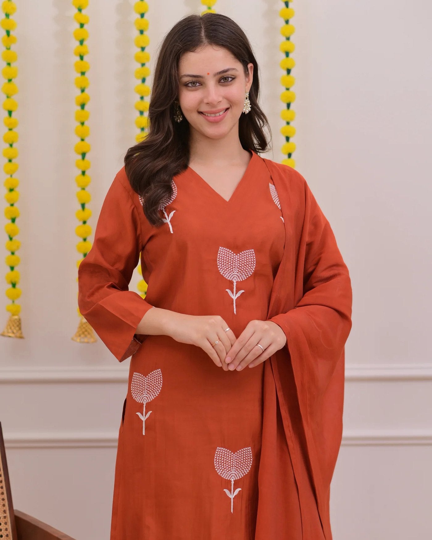 Orange Embroidered Tesla Kurta Pant Set with Chanderi Dupatta for Women