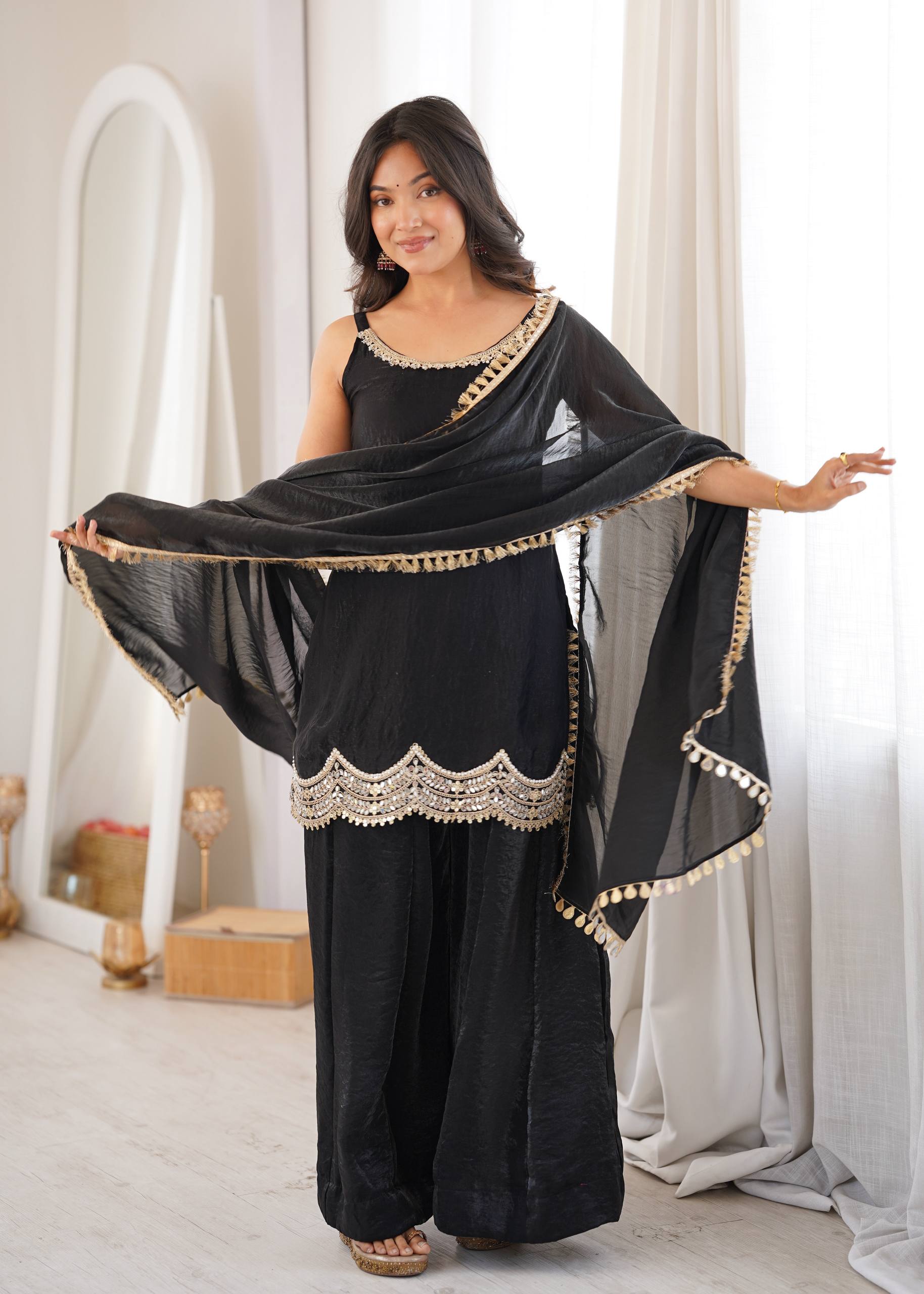 Women's Fendy Silk Embroidered Sharara Palazzo Suit Set with Mirror Work Dupatta