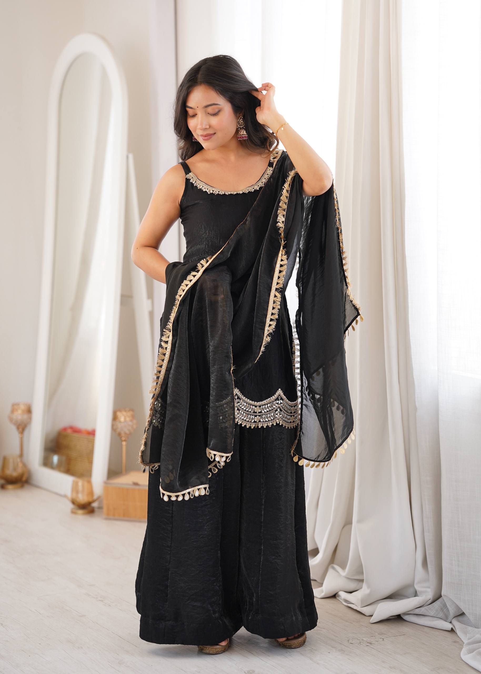 Women's Fendy Silk Embroidered Sharara Palazzo Suit Set with Mirror Work Dupatta