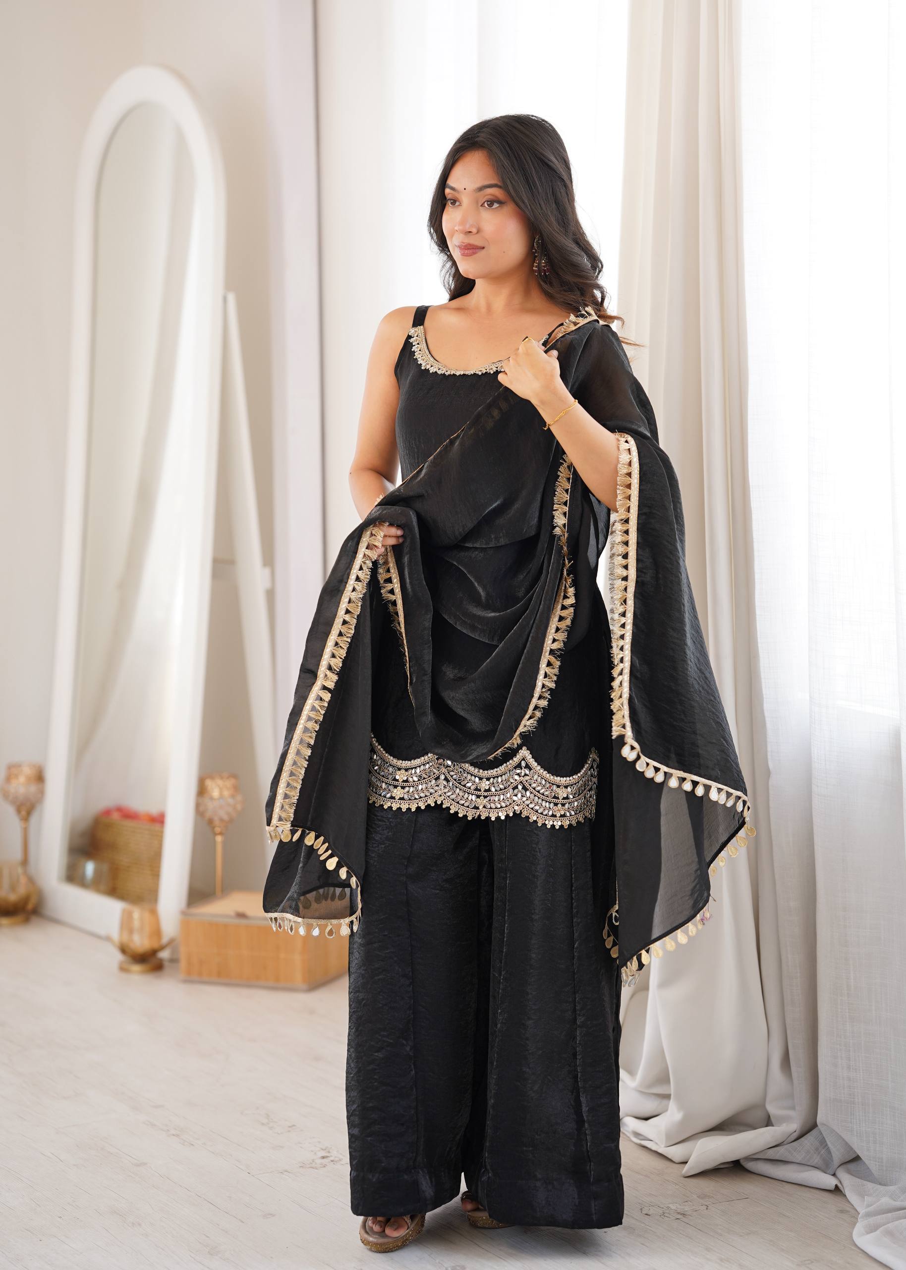 Women's Fendy Silk Embroidered Sharara Palazzo Suit Set with Mirror Work Dupatta