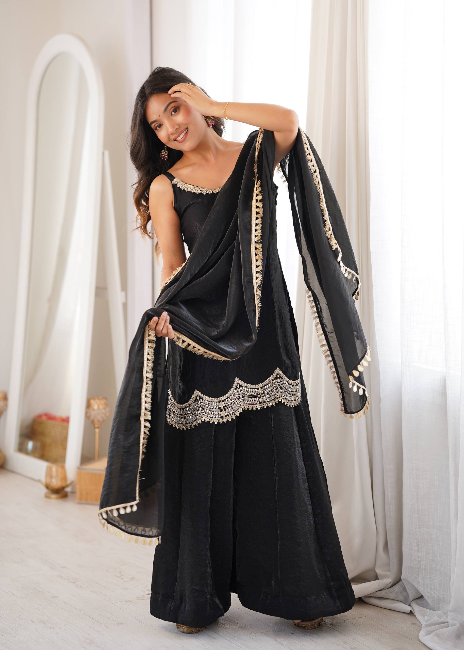 Women's Fendy Silk Embroidered Sharara Palazzo Suit Set with Mirror Work Dupatta