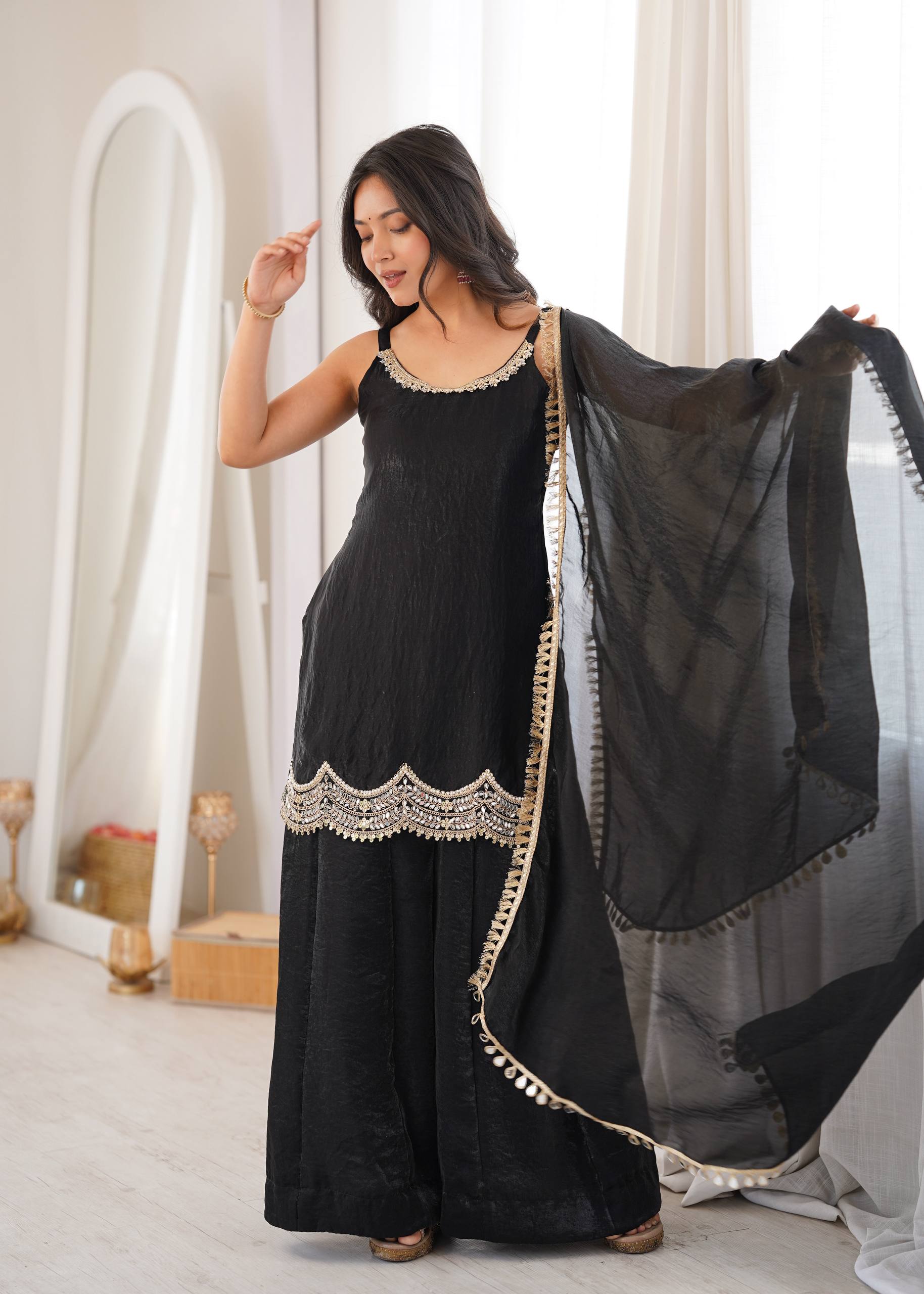 Women's Fendy Silk Embroidered Sharara Palazzo Suit Set with Mirror Work Dupatta