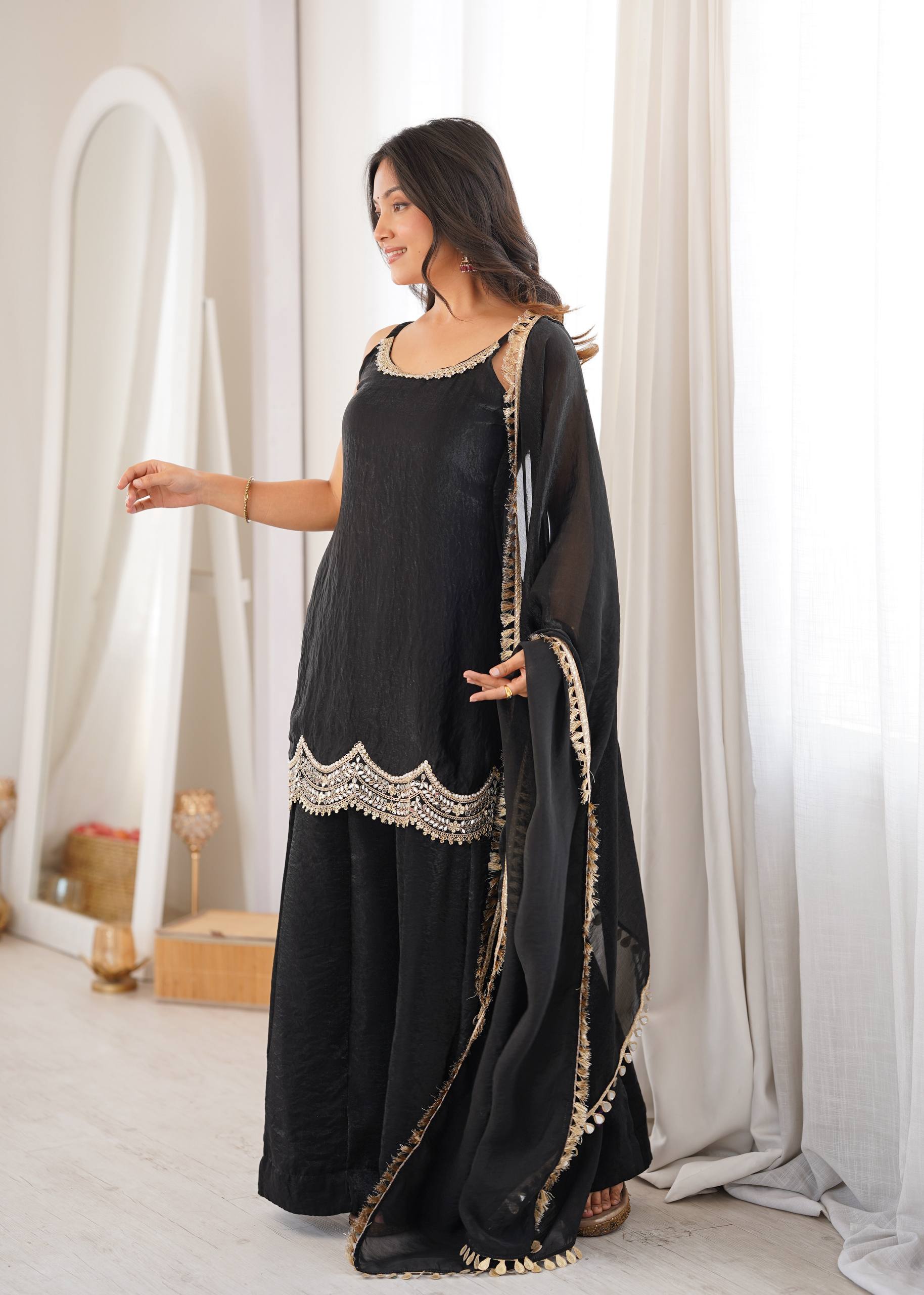 Women's Fendy Silk Embroidered Sharara Palazzo Suit Set with Mirror Work Dupatta
