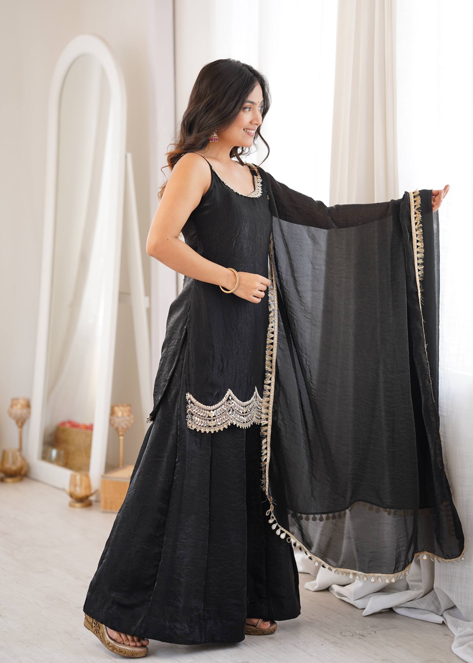 Women's Fendy Silk Embroidered Sharara Palazzo Suit Set with Mirror Work Dupatta