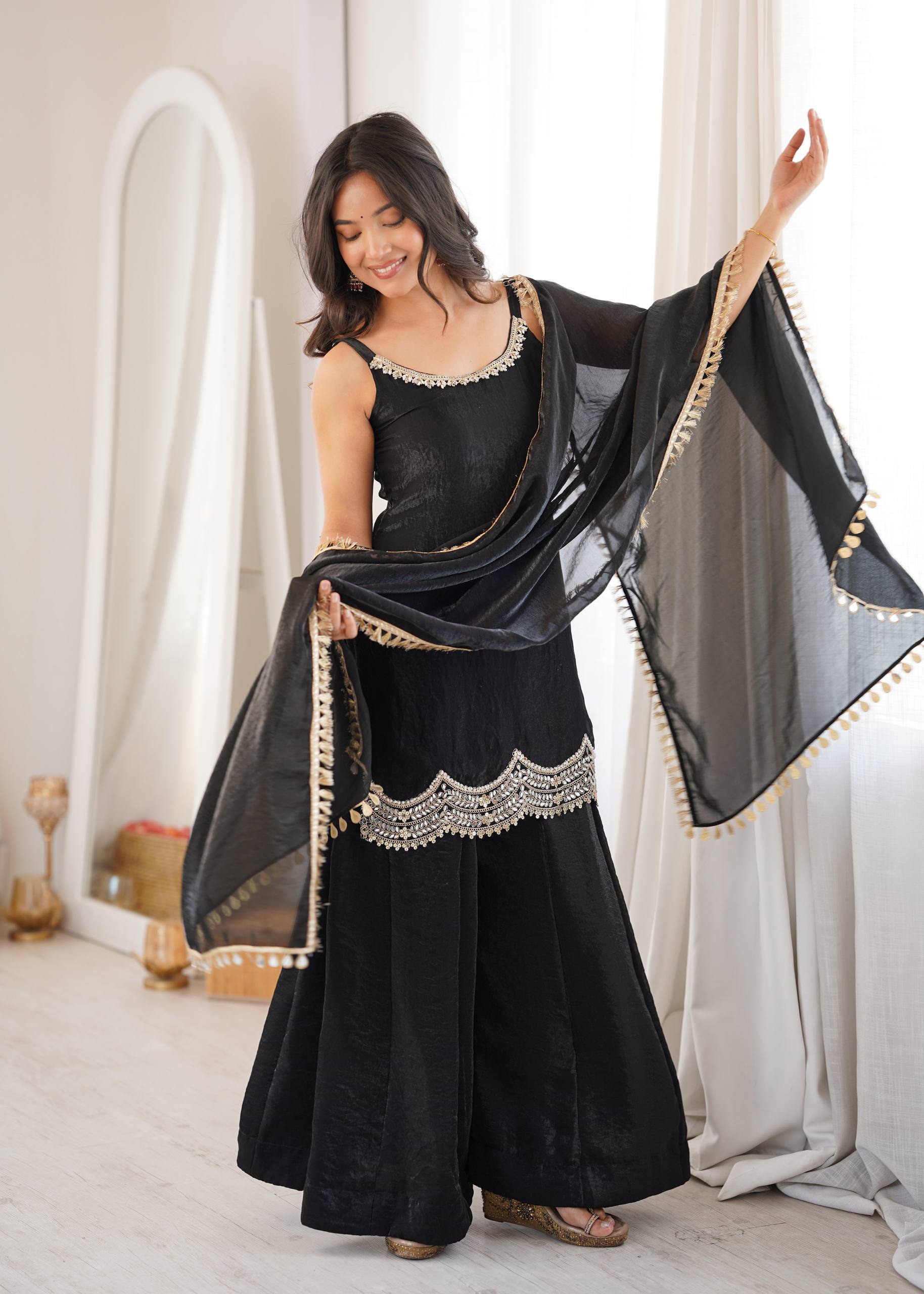 Women's Fendy Silk Embroidered Sharara Palazzo Suit Set with Mirror Work Dupatta