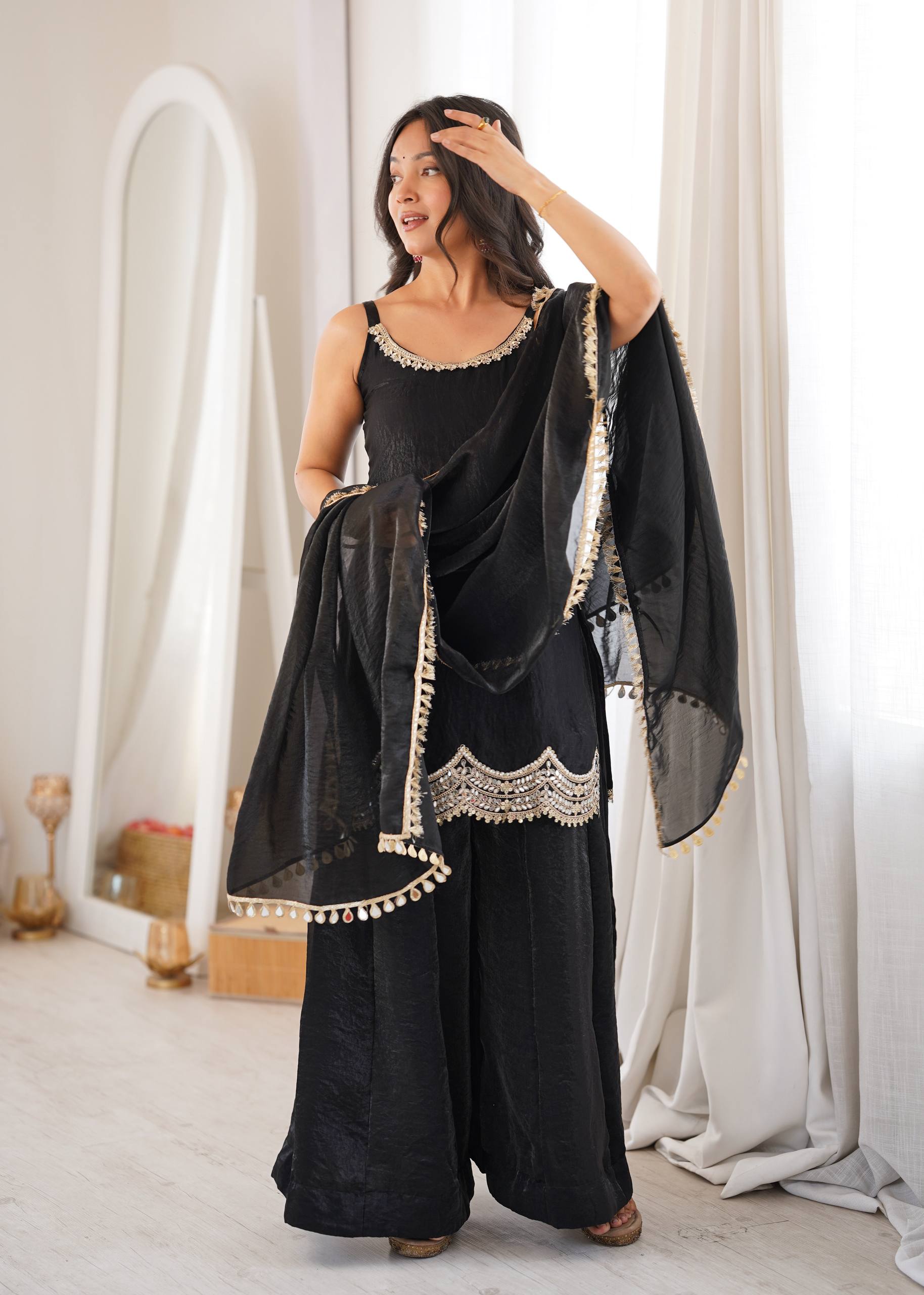 Women's Fendy Silk Embroidered Sharara Palazzo Suit Set with Mirror Work Dupatta