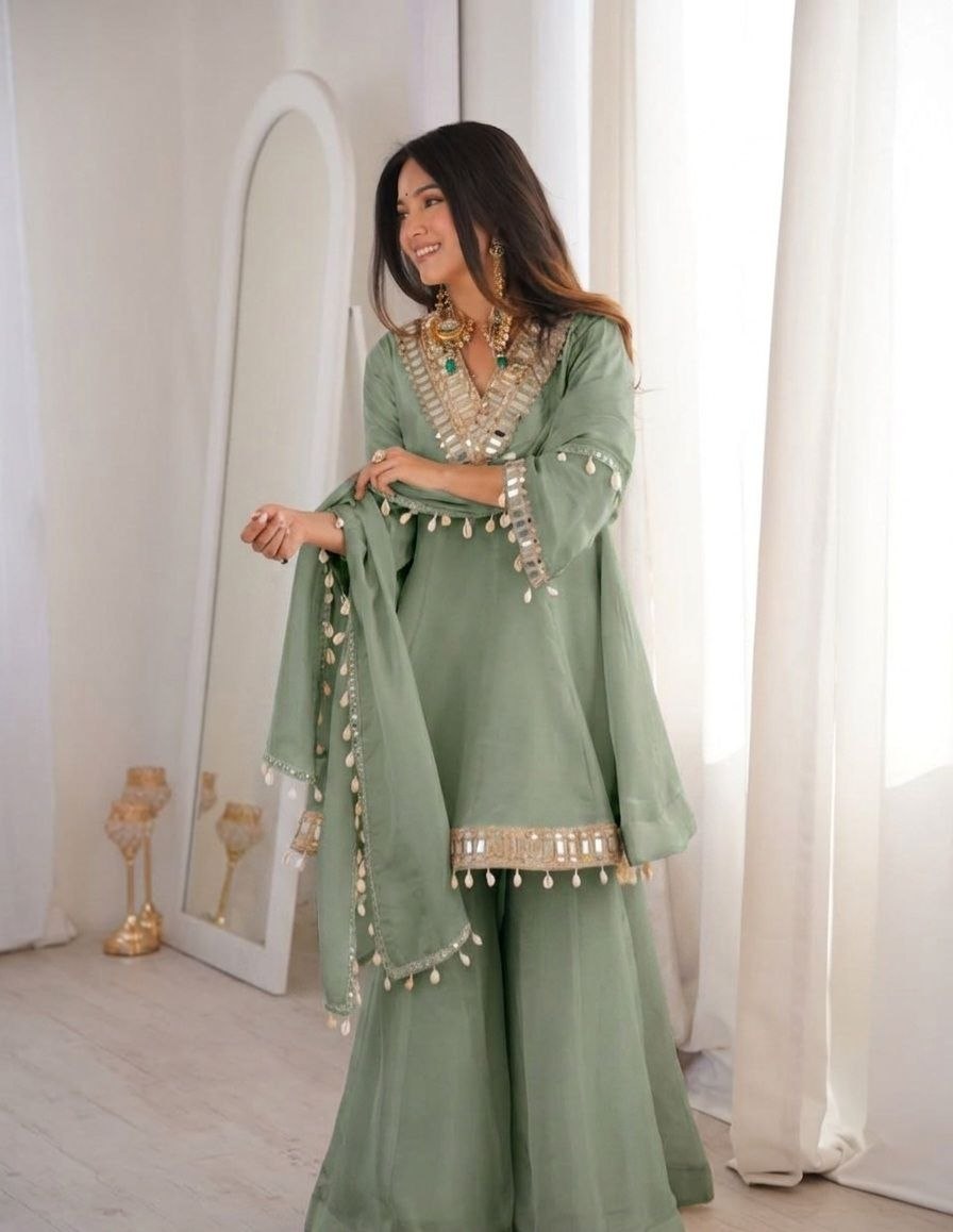Women's Chinon Mirror Work Palazzo Set with Dupatta