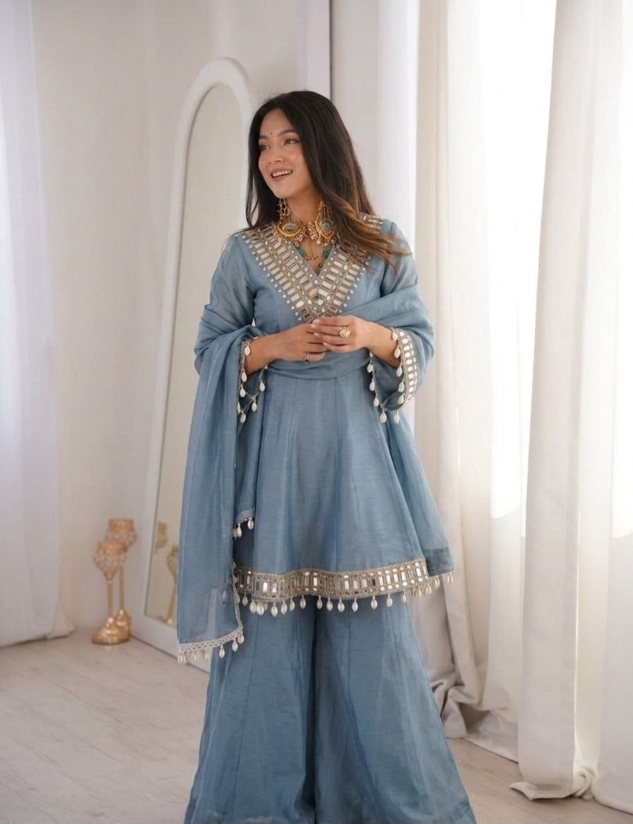 Women's Chinon Mirror Work Palazzo Set with Dupatta