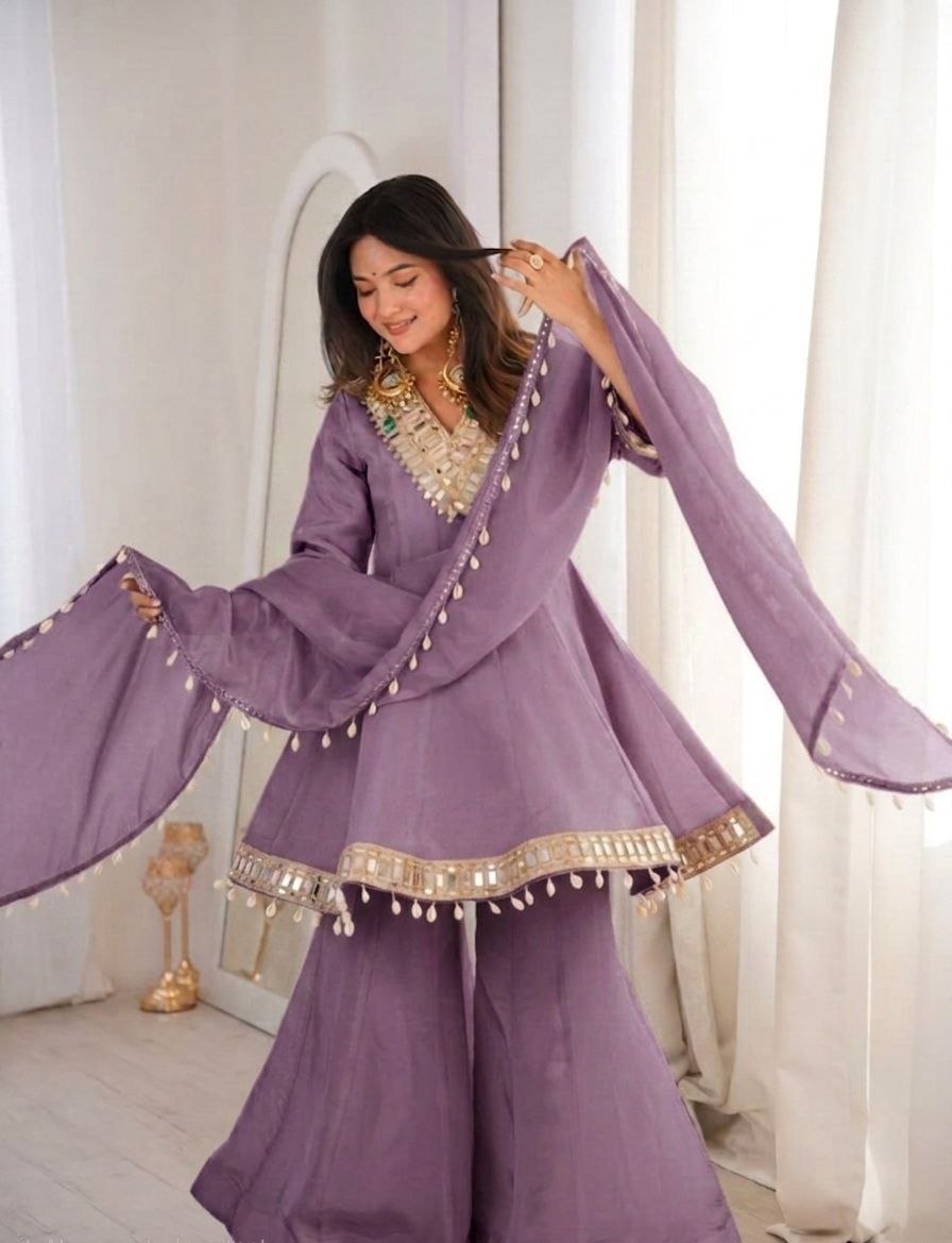 Women's Chinon Mirror Work Palazzo Set with Dupatta