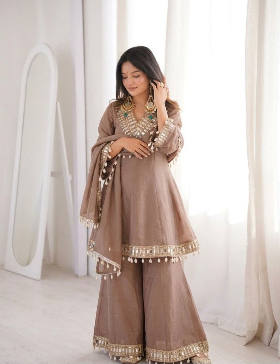 Women's Chinon Mirror Work Palazzo Set with Dupatta
