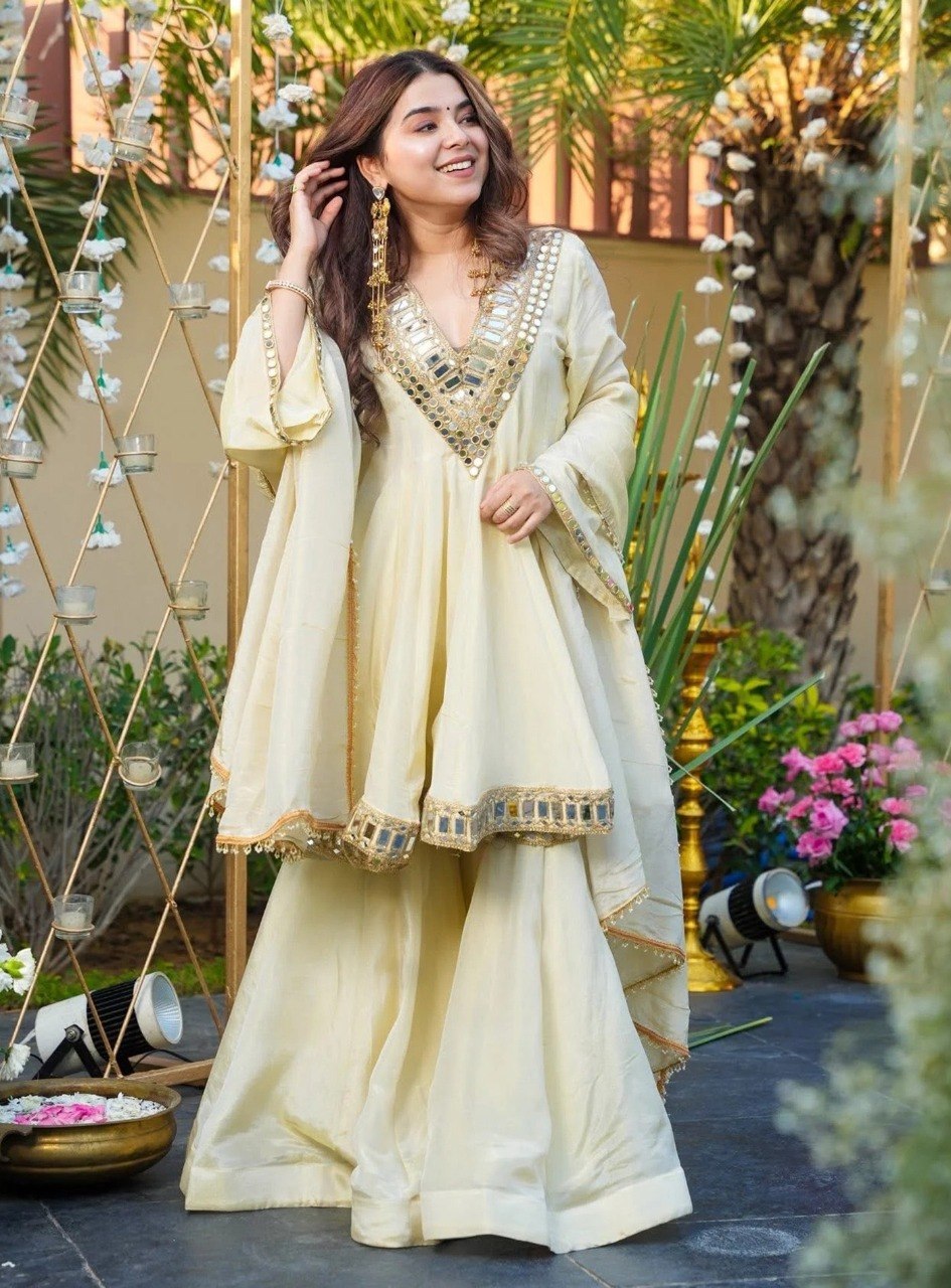 Off-White French Crepe Kurta Palazzo Set with Dupatta
