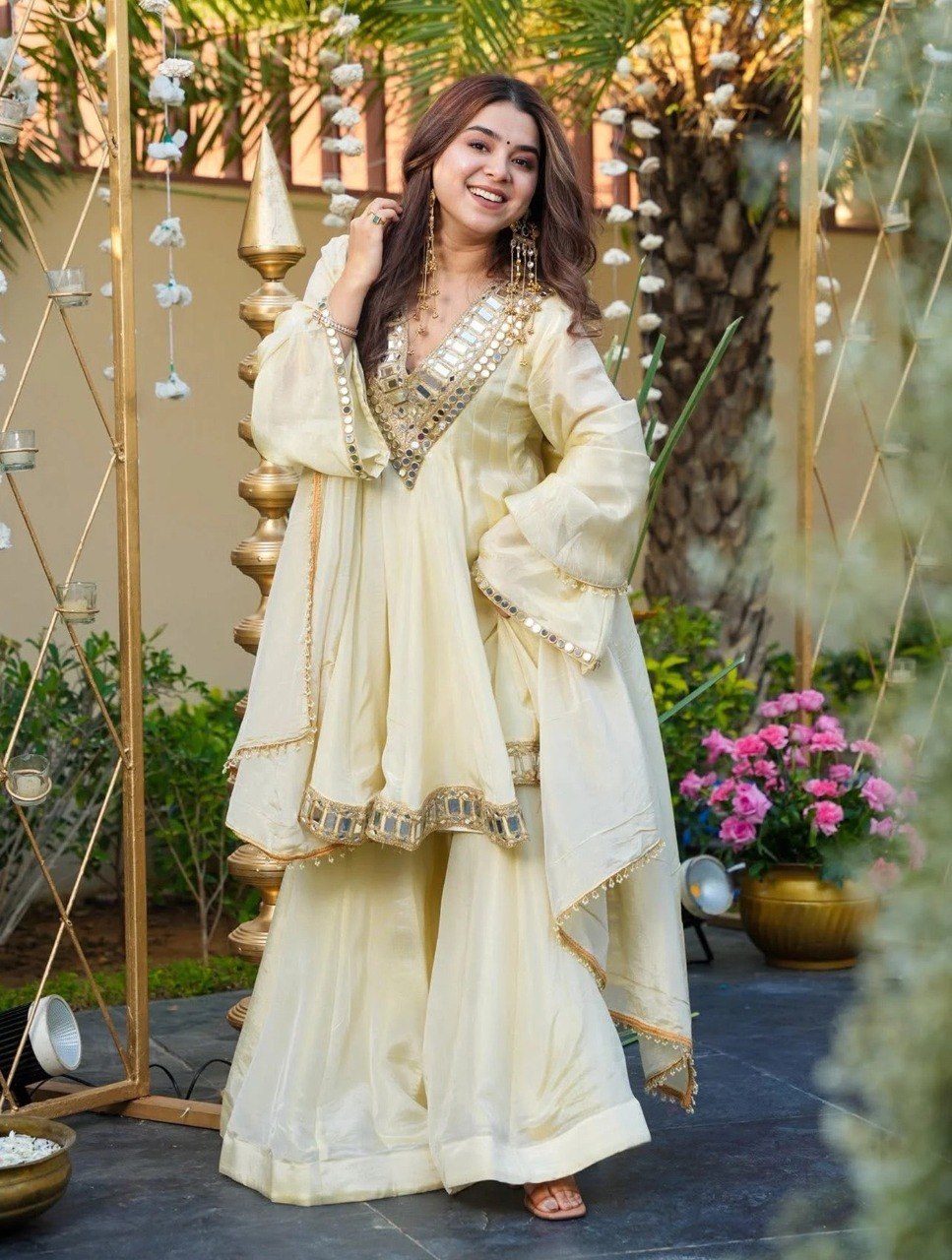 Off-White French Crepe Kurta Palazzo Set with Dupatta