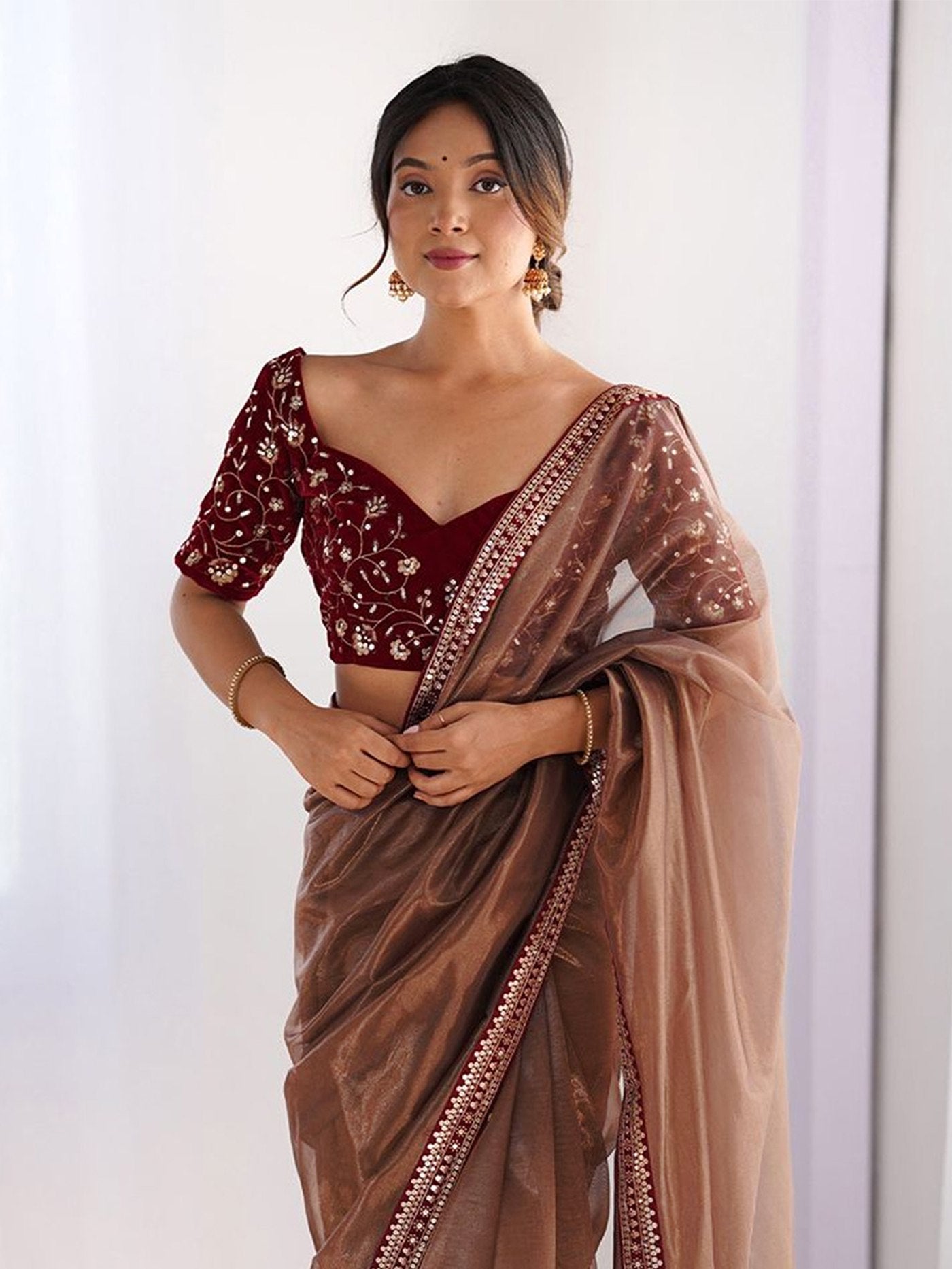 Women's Embroidered Net Party Wear Saree with Velvet Unstitched Blouse