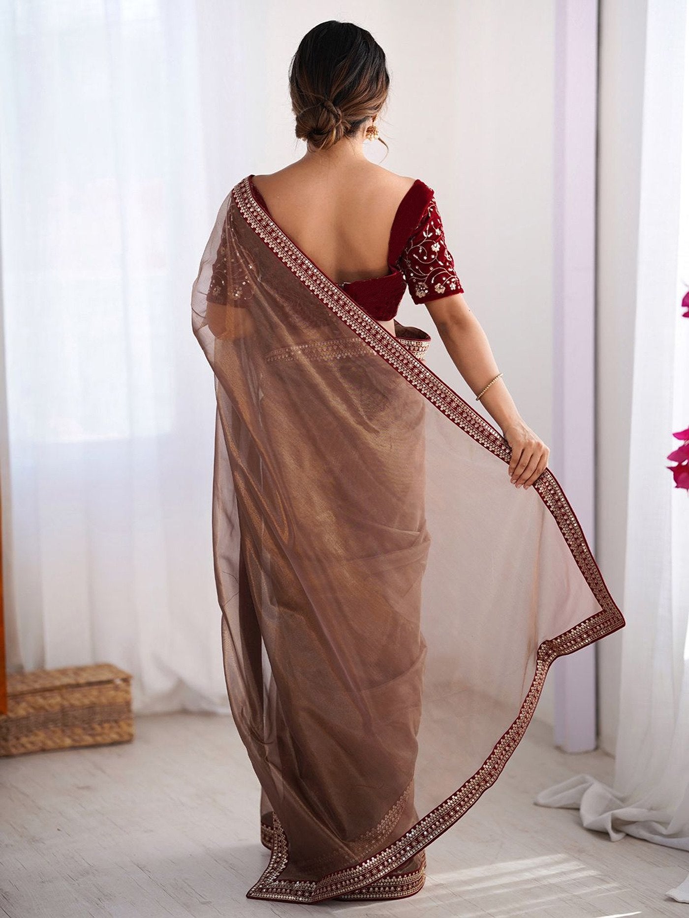 Women's Embroidered Net Party Wear Saree with Velvet Unstitched Blouse