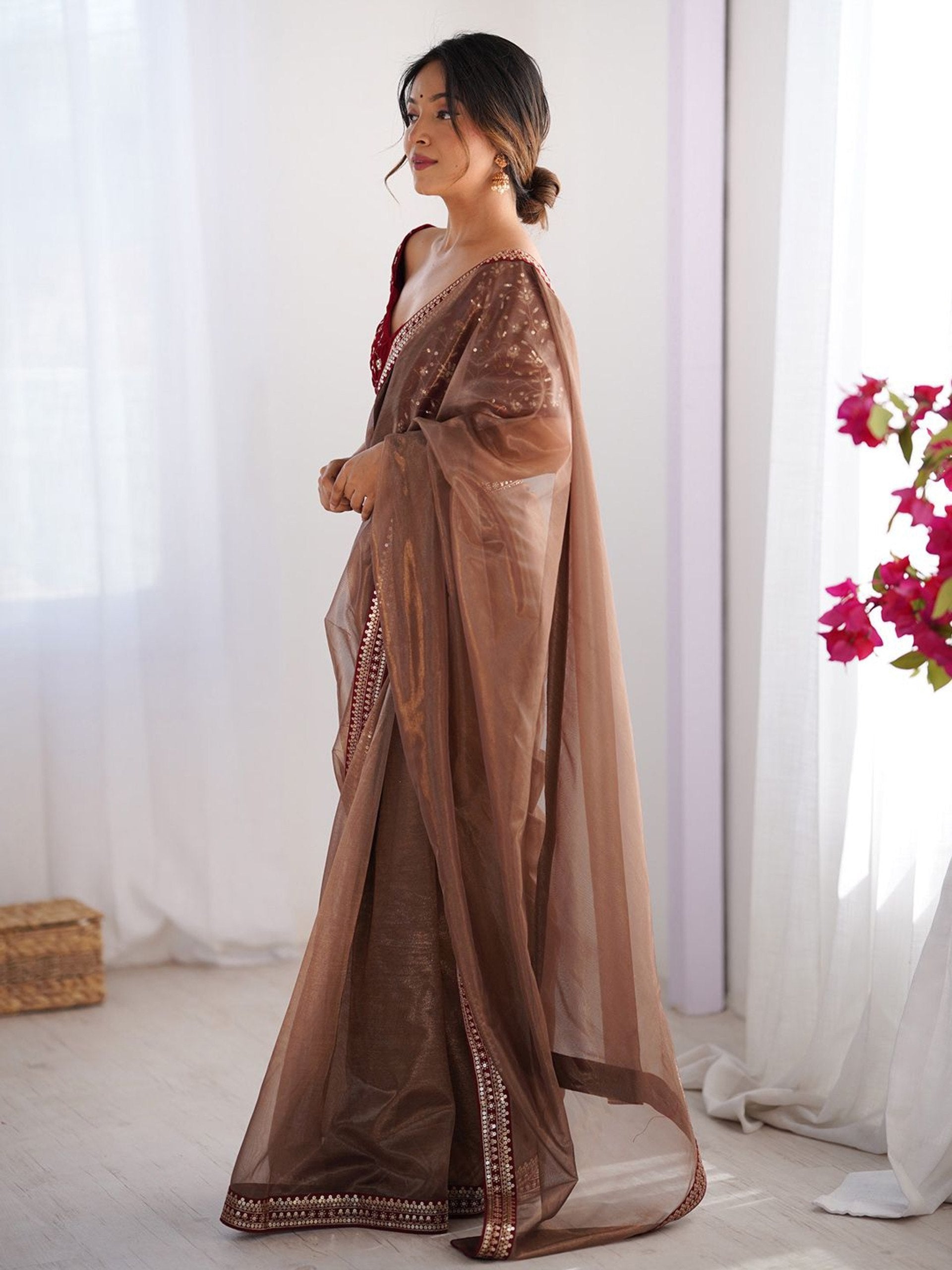 Women's Embroidered Net Party Wear Saree with Velvet Unstitched Blouse