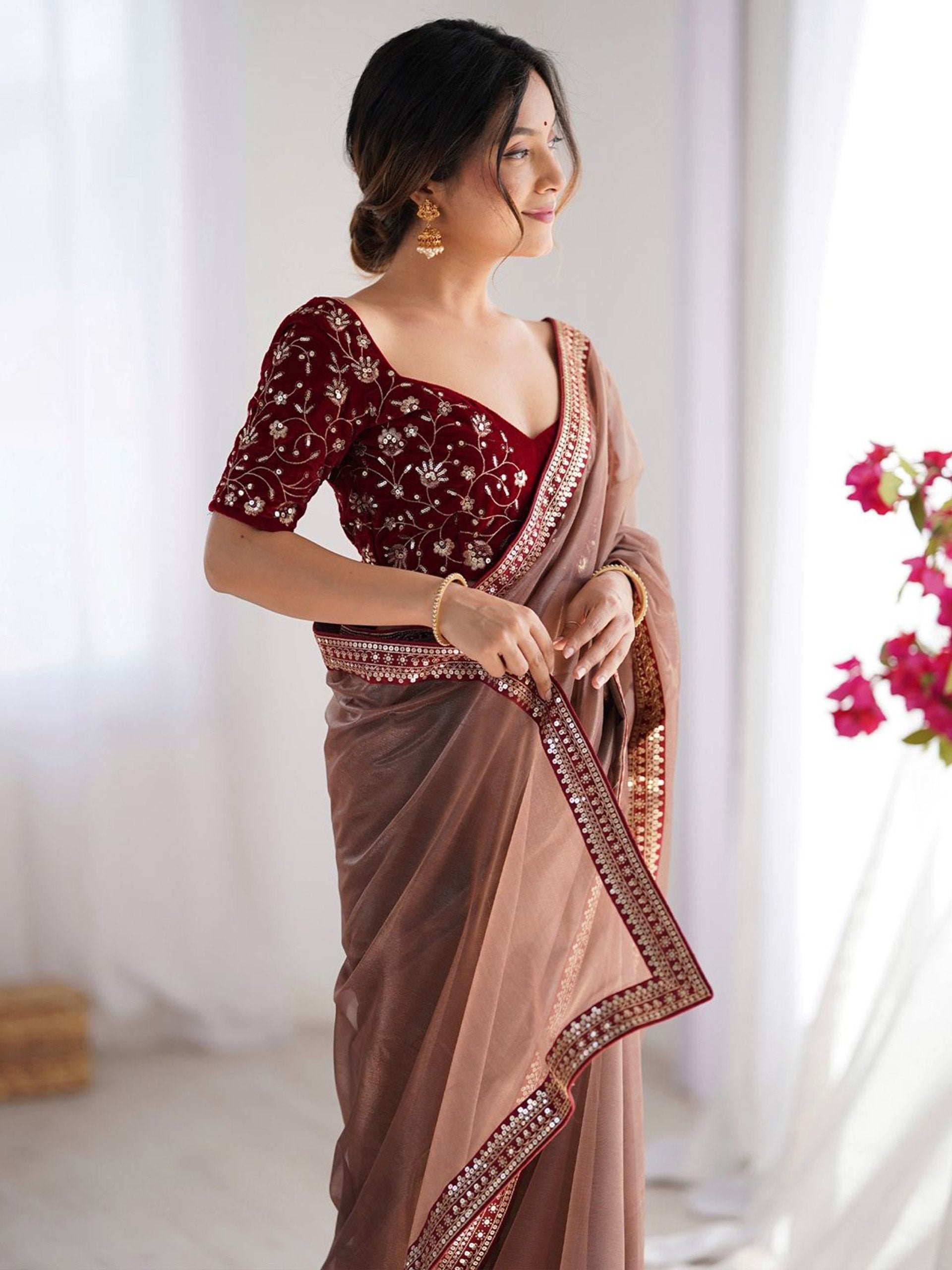 Women's Embroidered Net Party Wear Saree with Velvet Unstitched Blouse