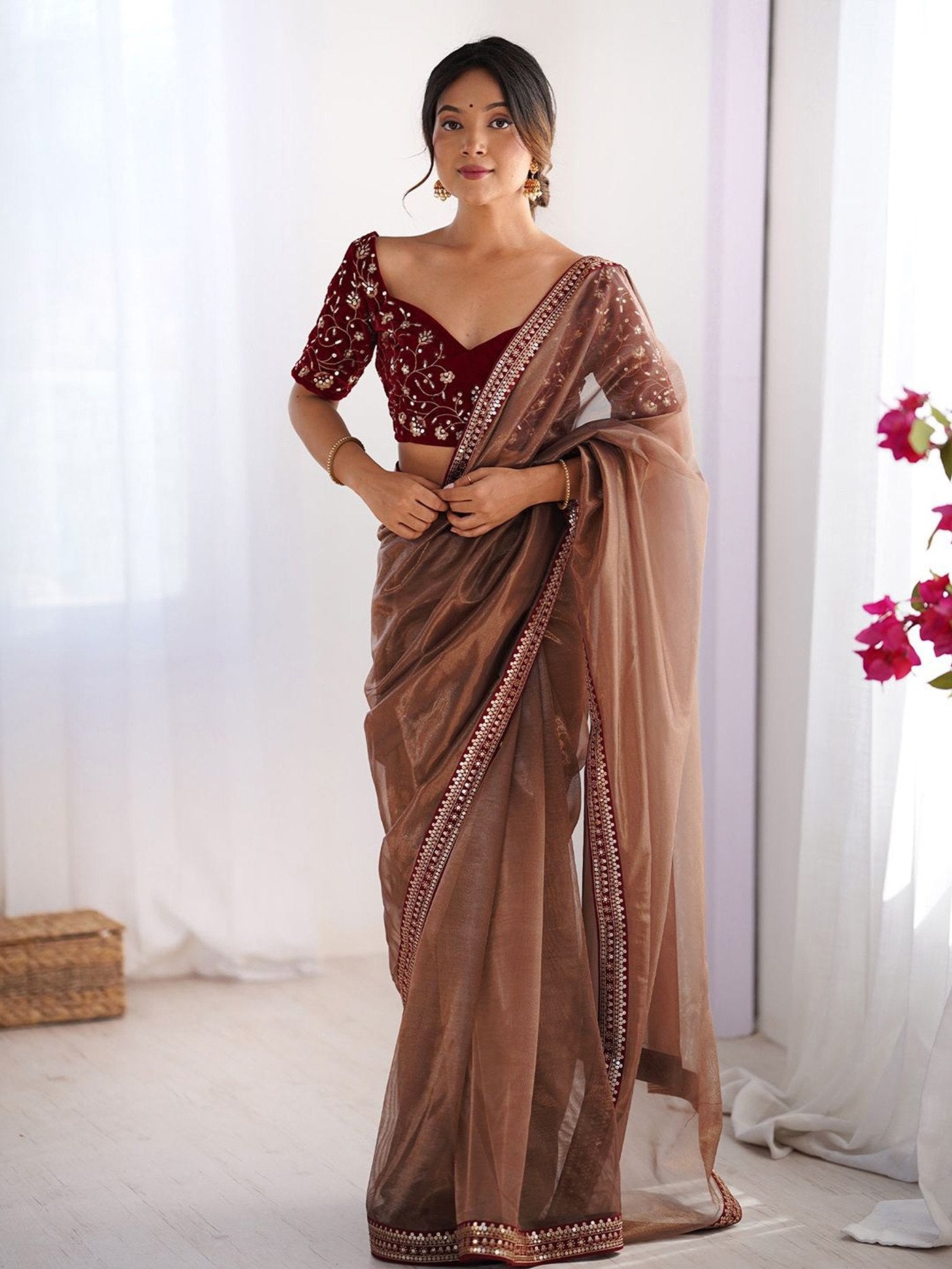 Women's Embroidered Net Party Wear Saree with Velvet Unstitched Blouse
