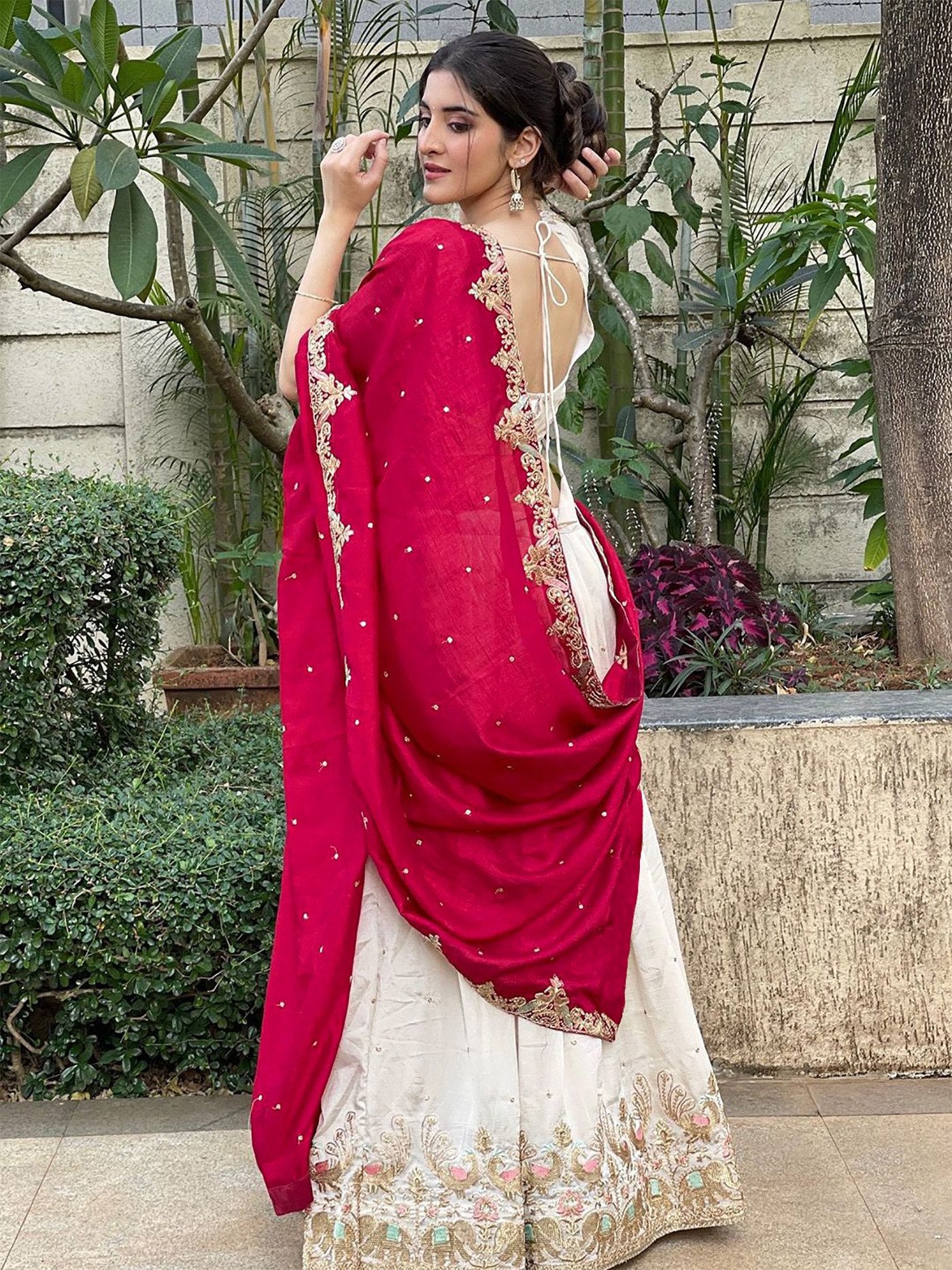 Women's White Chinon Embellished Semi Stitched Lehenga Choli with Embroidered Sequins Dupatta
