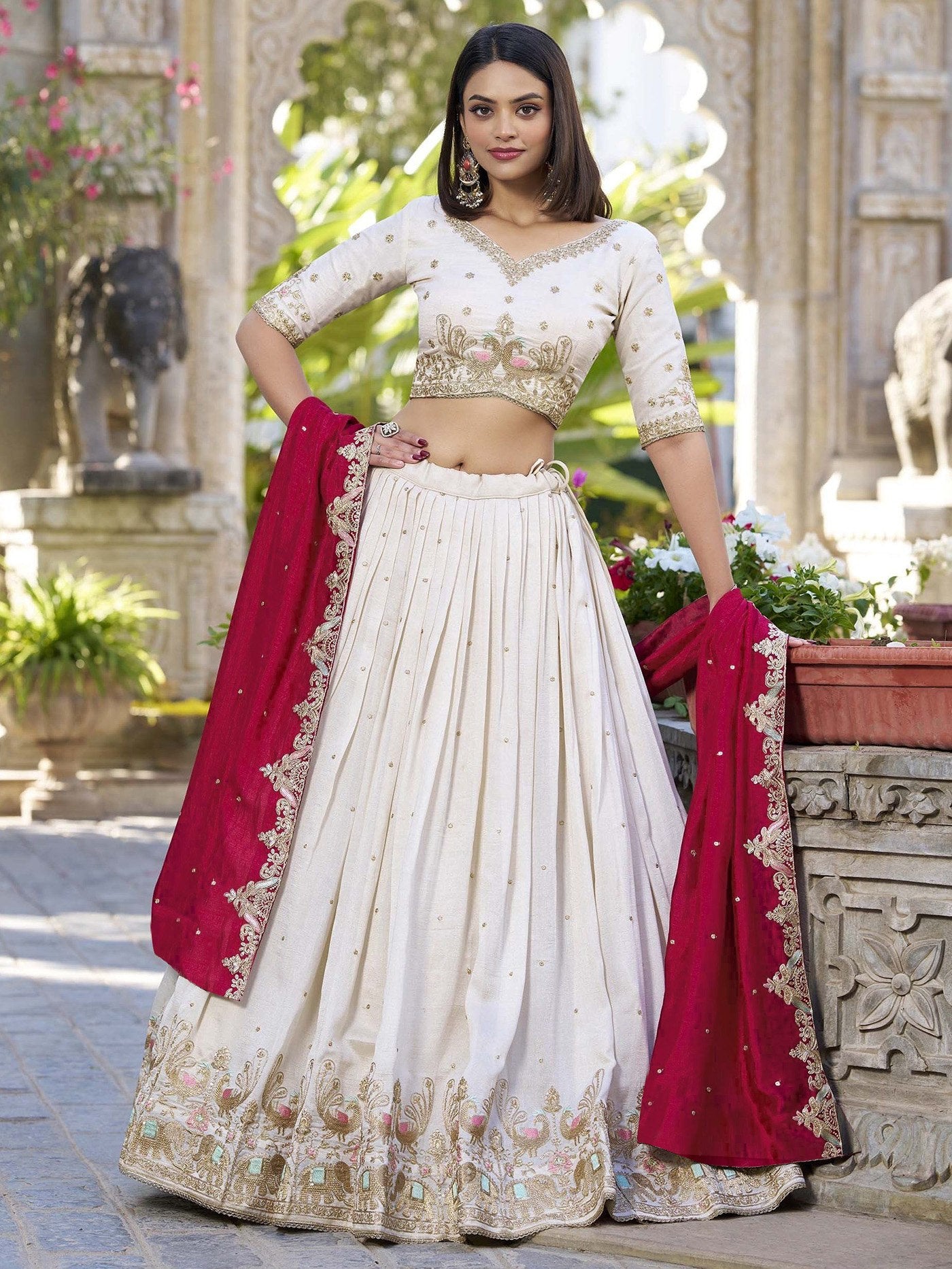 Women's White Chinon Embellished Semi Stitched Lehenga Choli with Embroidered Sequins Dupatta