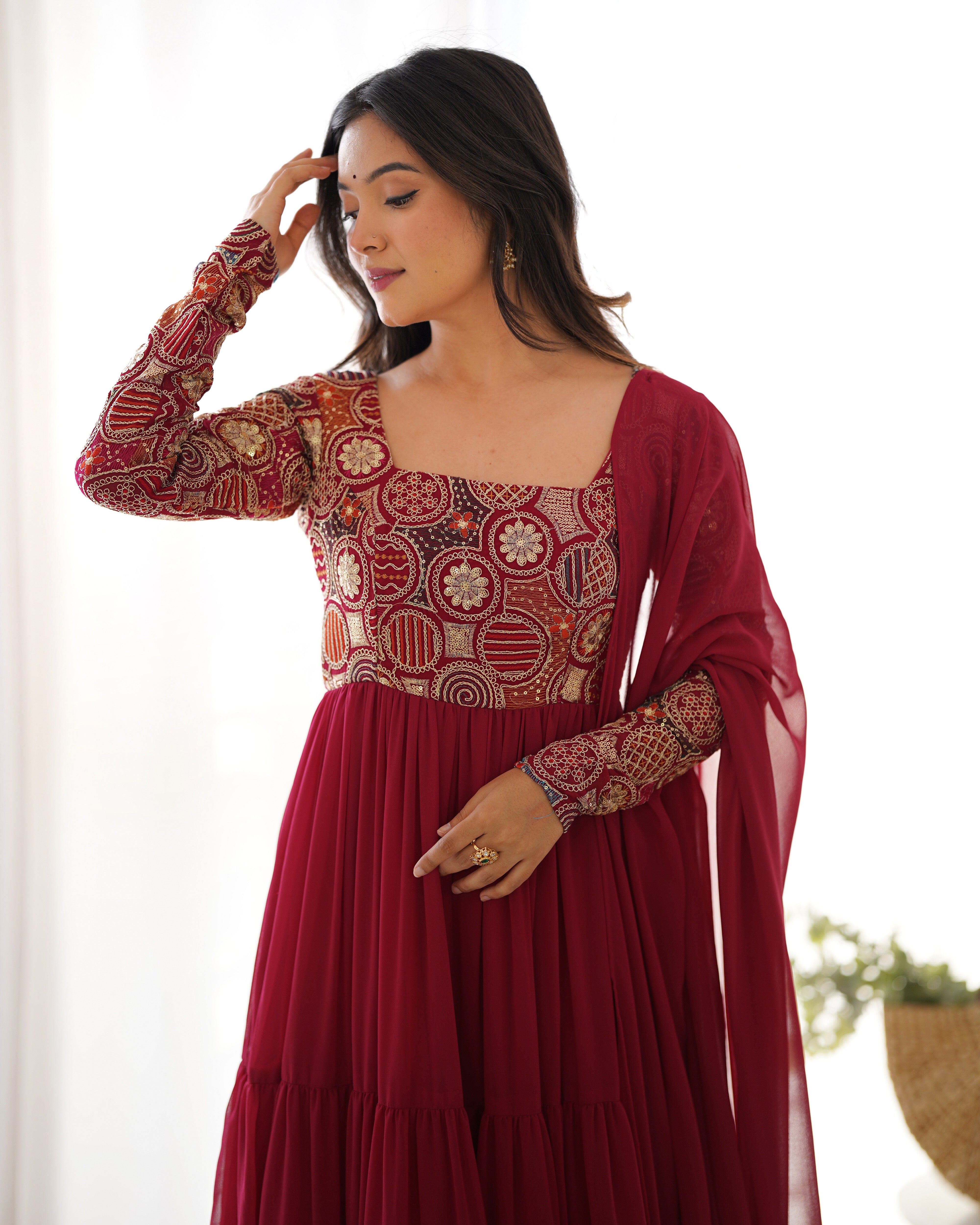 Premium Fox Georgette Fully Flared Anarkali Suit Set with Ruffle Dupatta and Pant