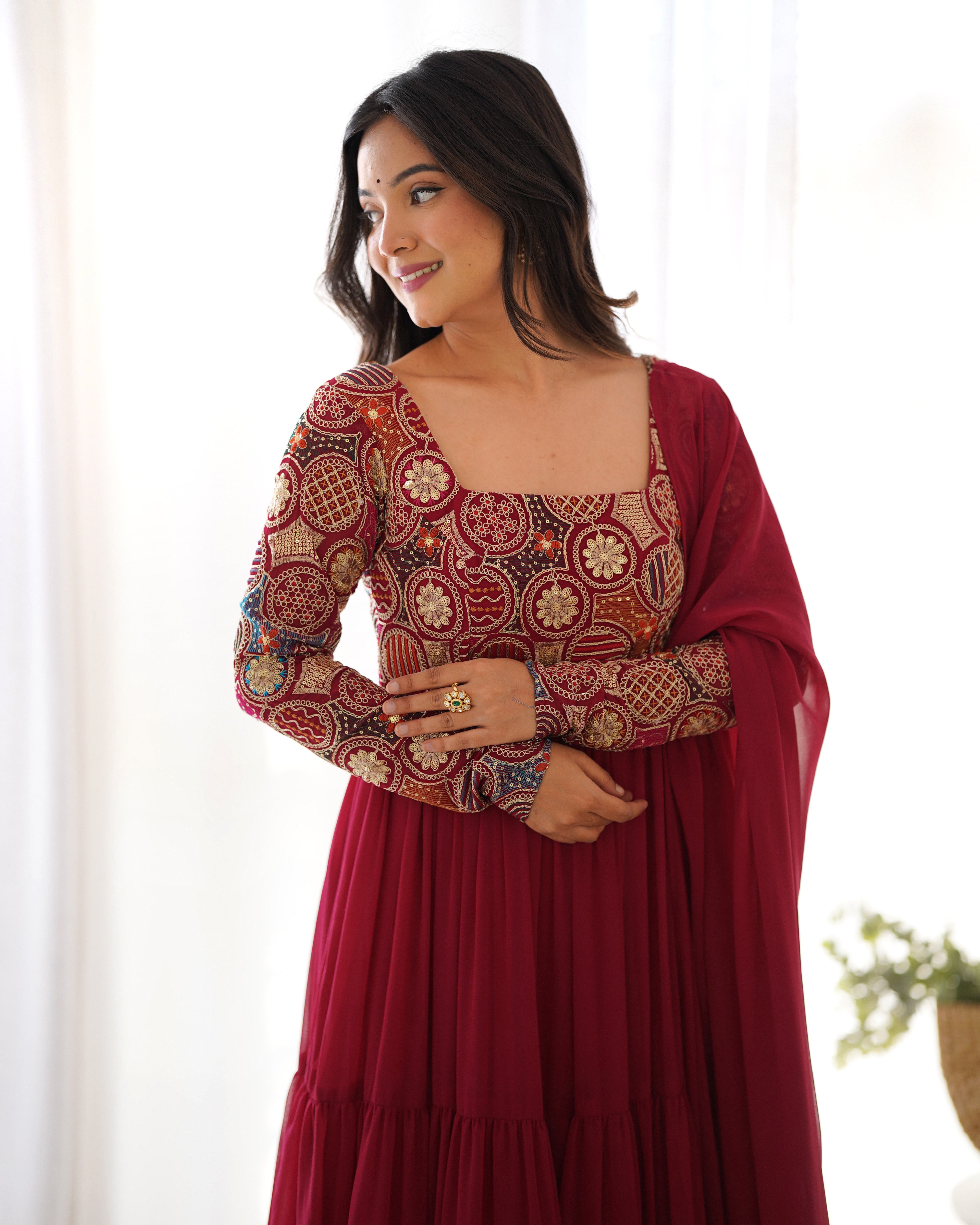 Premium Fox Georgette Fully Flared Anarkali Suit Set with Ruffle Dupatta and Pant