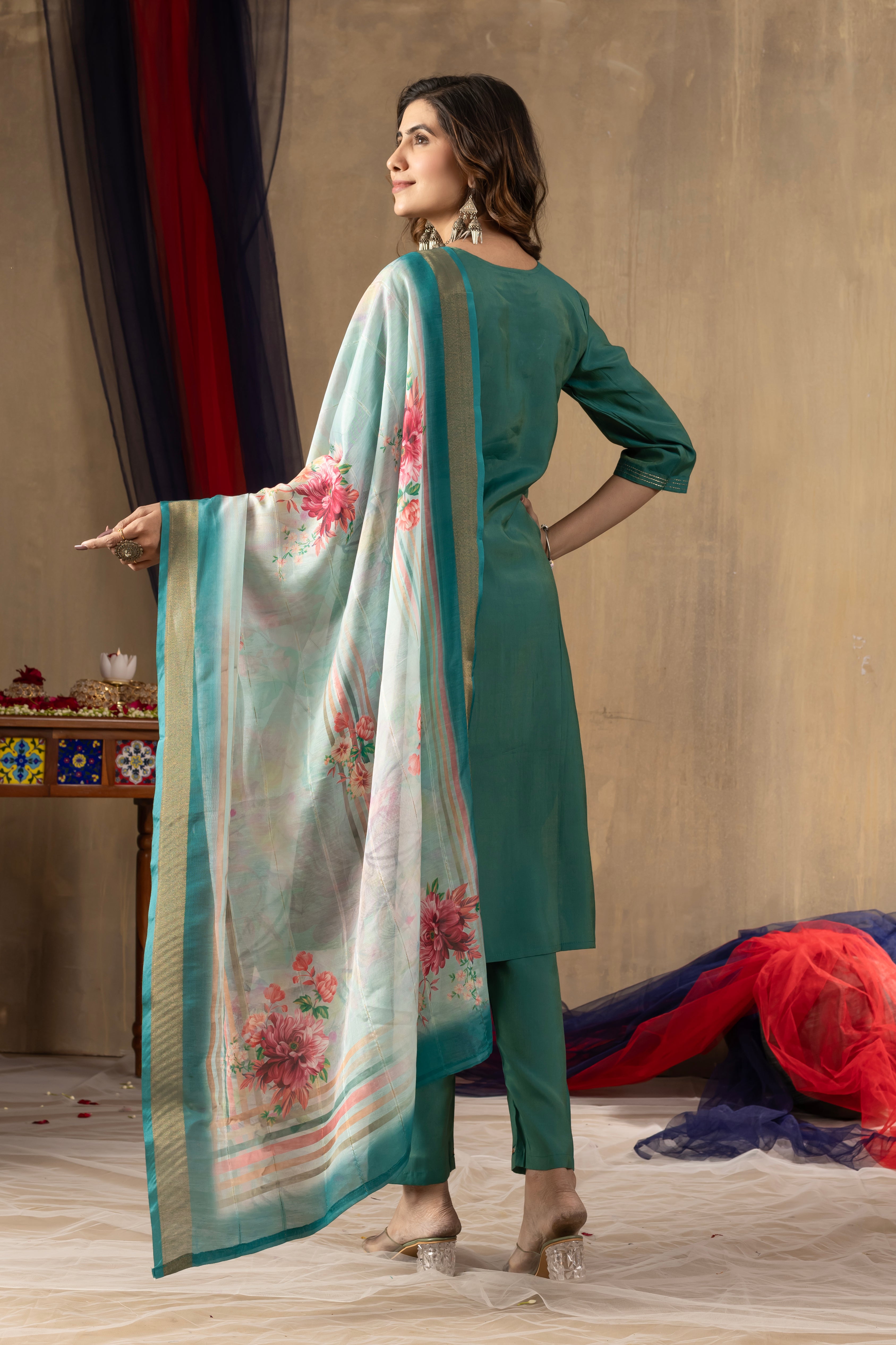 Women's Shimmer Gold Silk Straight Kurti Pant Dupatta Set with Multi Embroidery Hand Work
