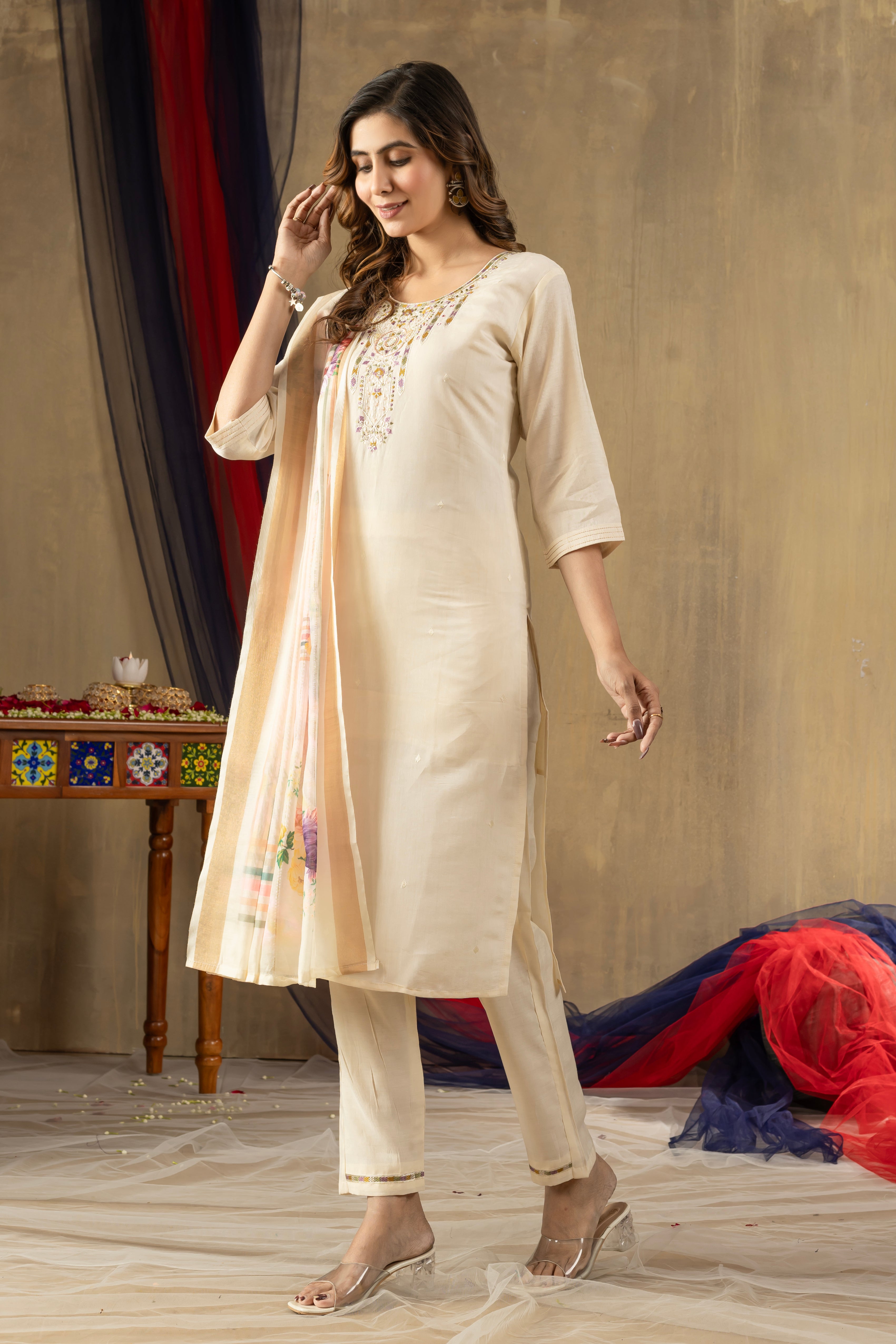 Women's Shimmer Gold Silk Straight Kurti Pant Dupatta Set with Multi Embroidery Hand Work