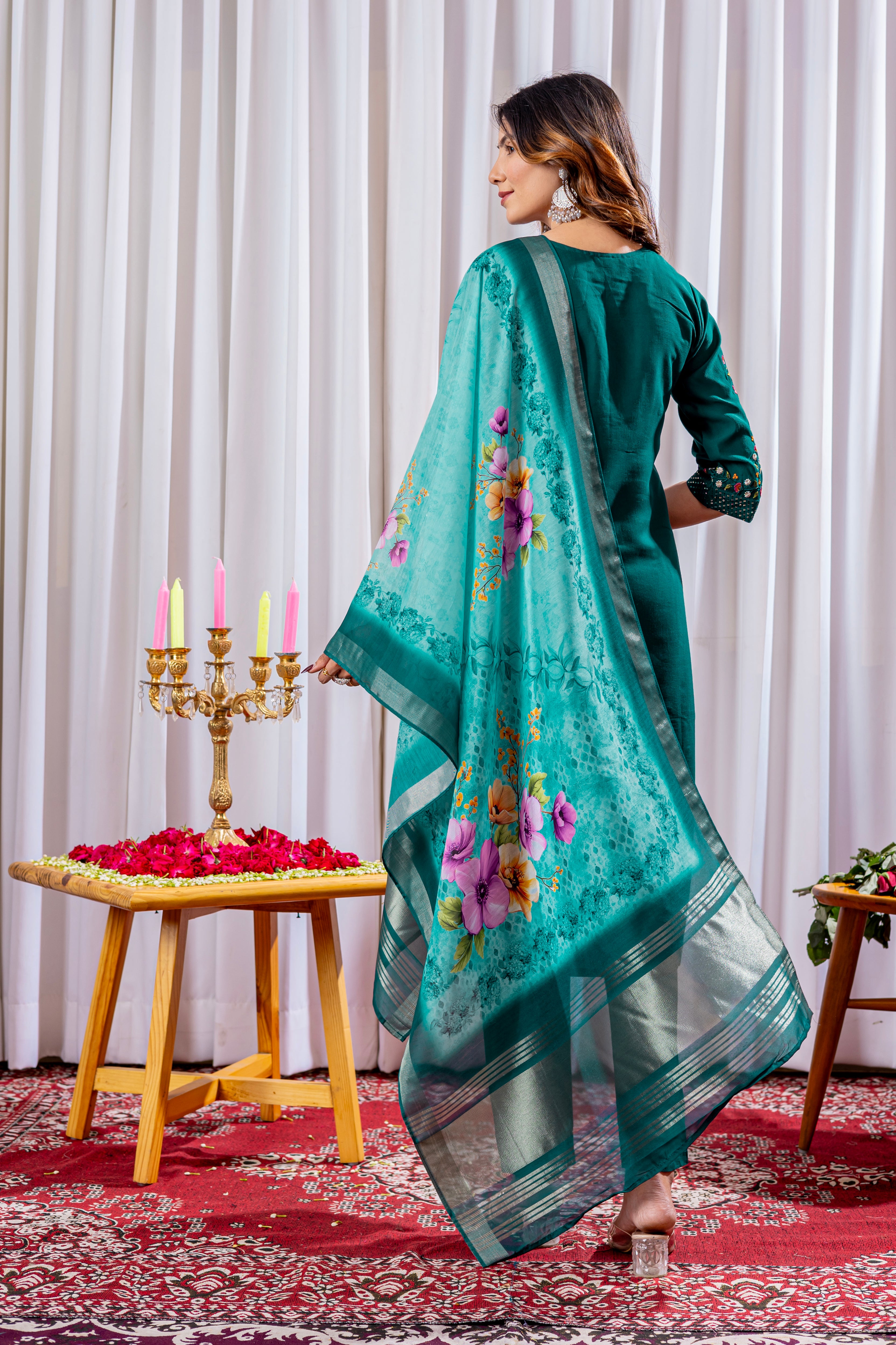Women's Viscose Silk Straight Kurti Pant Dupatta Set with Multi Embroidery Thread Work & Chanderi Silk Dupatta