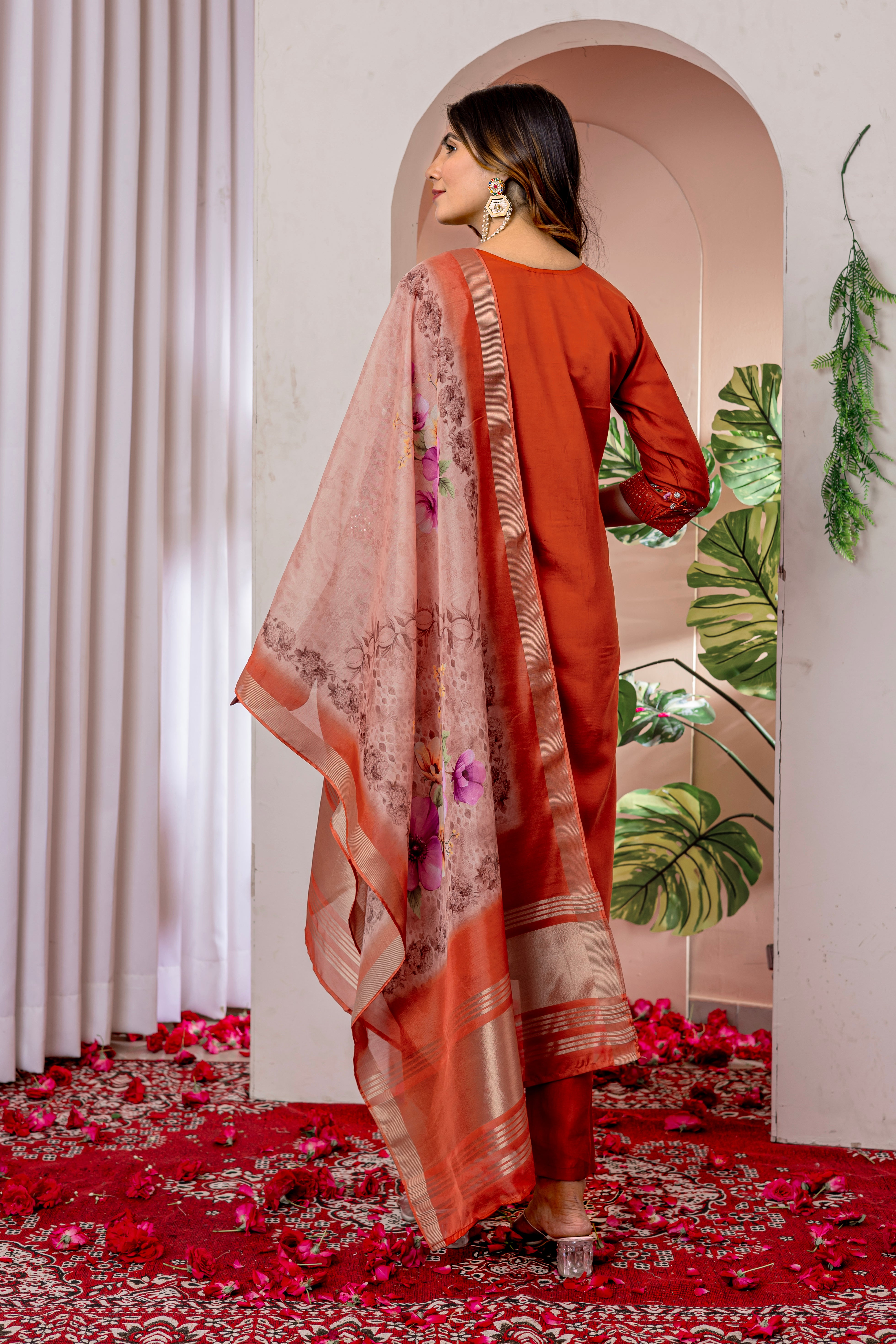 Women's Viscose Silk Straight Kurti Pant Dupatta Set with Multi Embroidery Thread Work & Chanderi Silk Dupatta