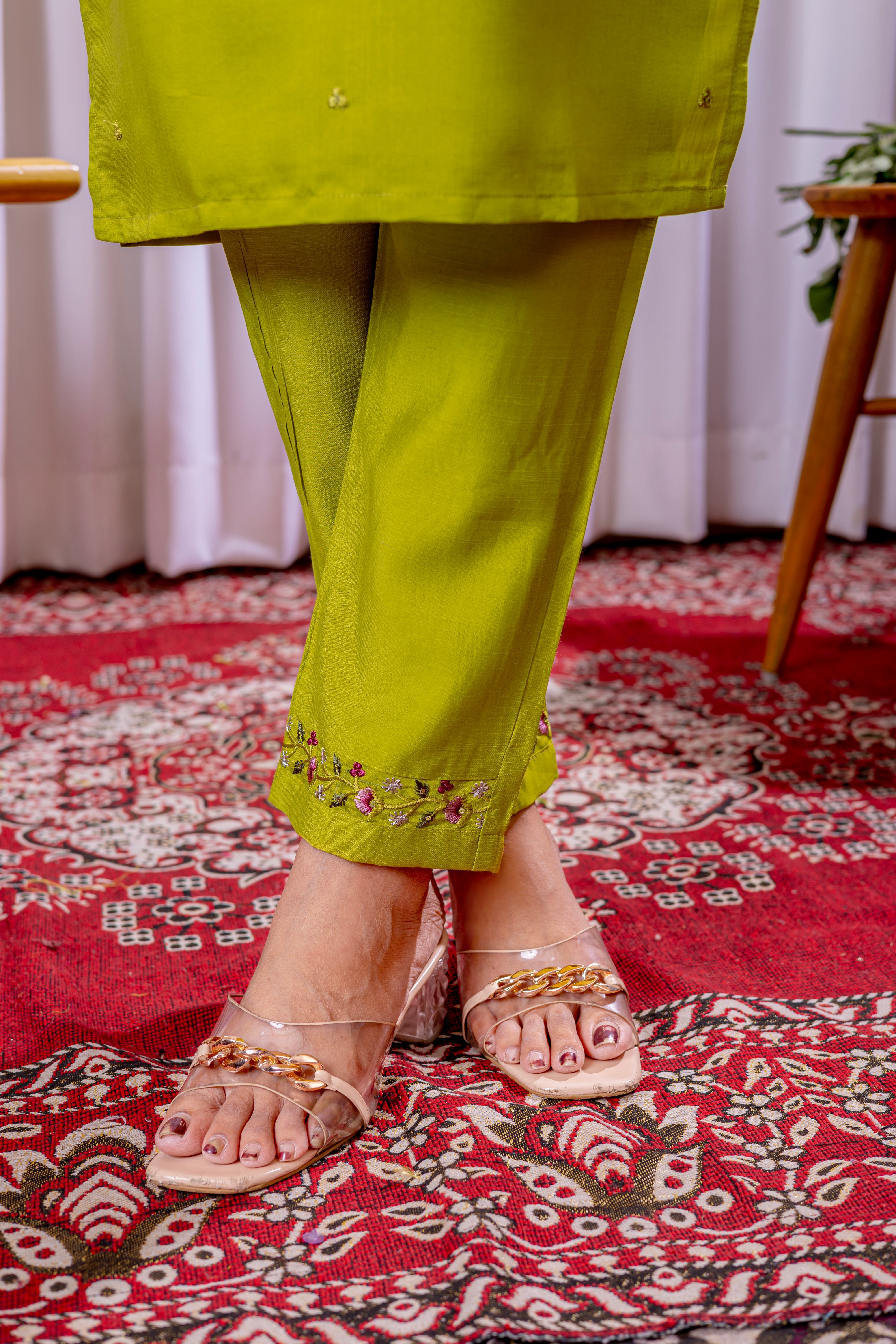 Women's Viscose Silk Straight Kurti Pant Dupatta Set with Multi Embroidery Thread Work & Chanderi Silk Dupatta